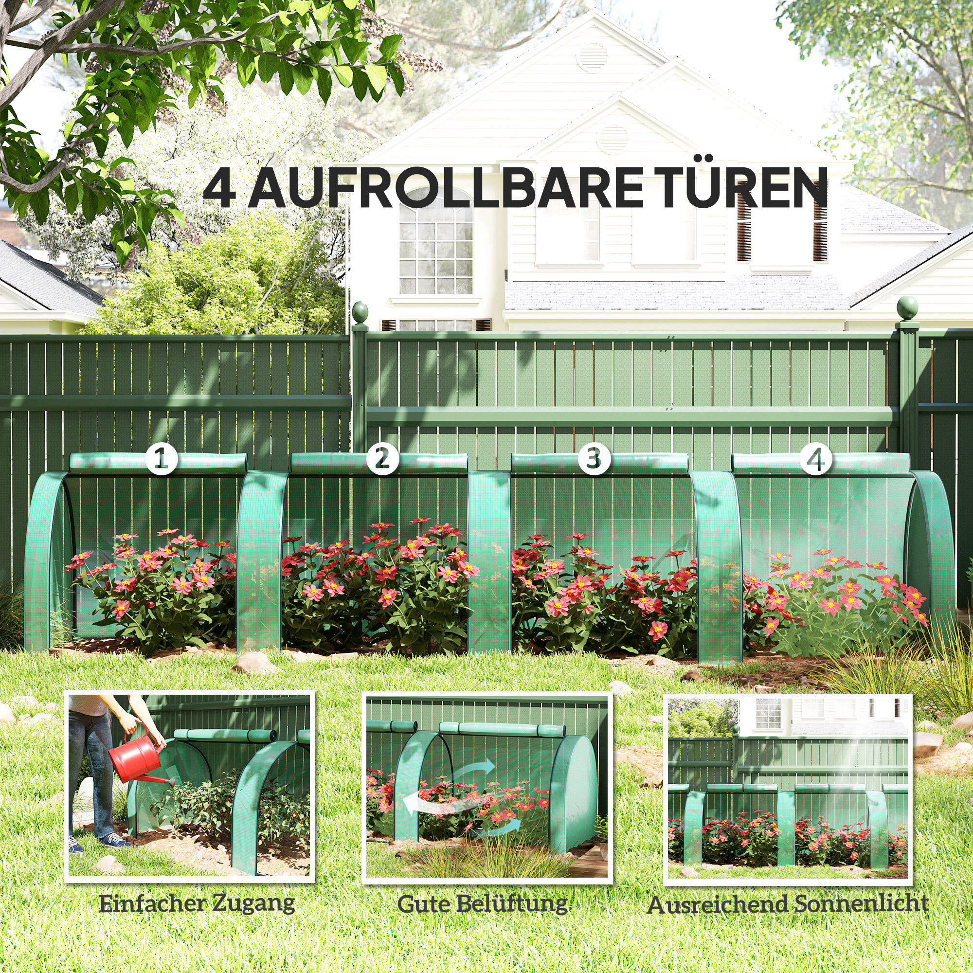 Tunnelgewächshaus, 4 Fenster mit Reißverschluss, Stahlrahmen, robuste Plane, 395 x 100 x 80 cm, Grün