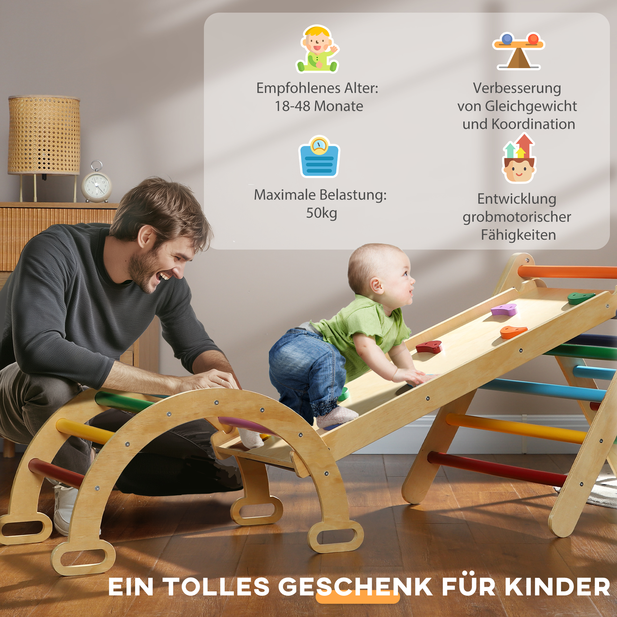 5-in-1-Kinder-Klettergerüst mit Rampe, Brücke, Dreiecks-Leiter, 18-48 Monate, Bunt,