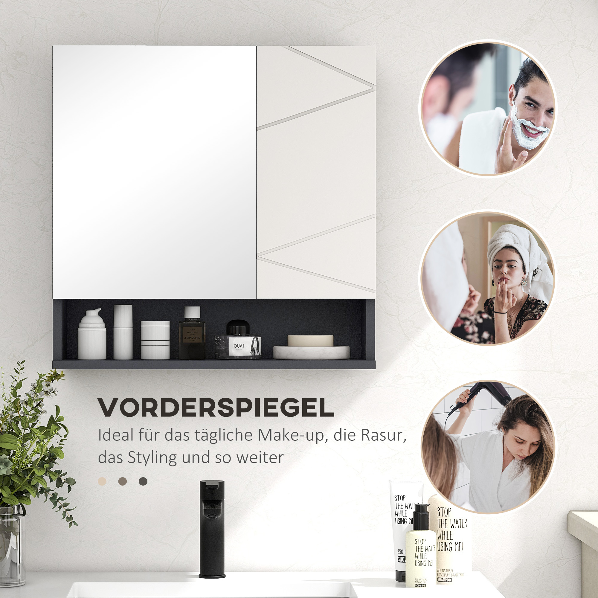 Badezimmerschrank, Spiegeltür, verstellbare Regale, bis zu 15 kg belastbar, Weiß