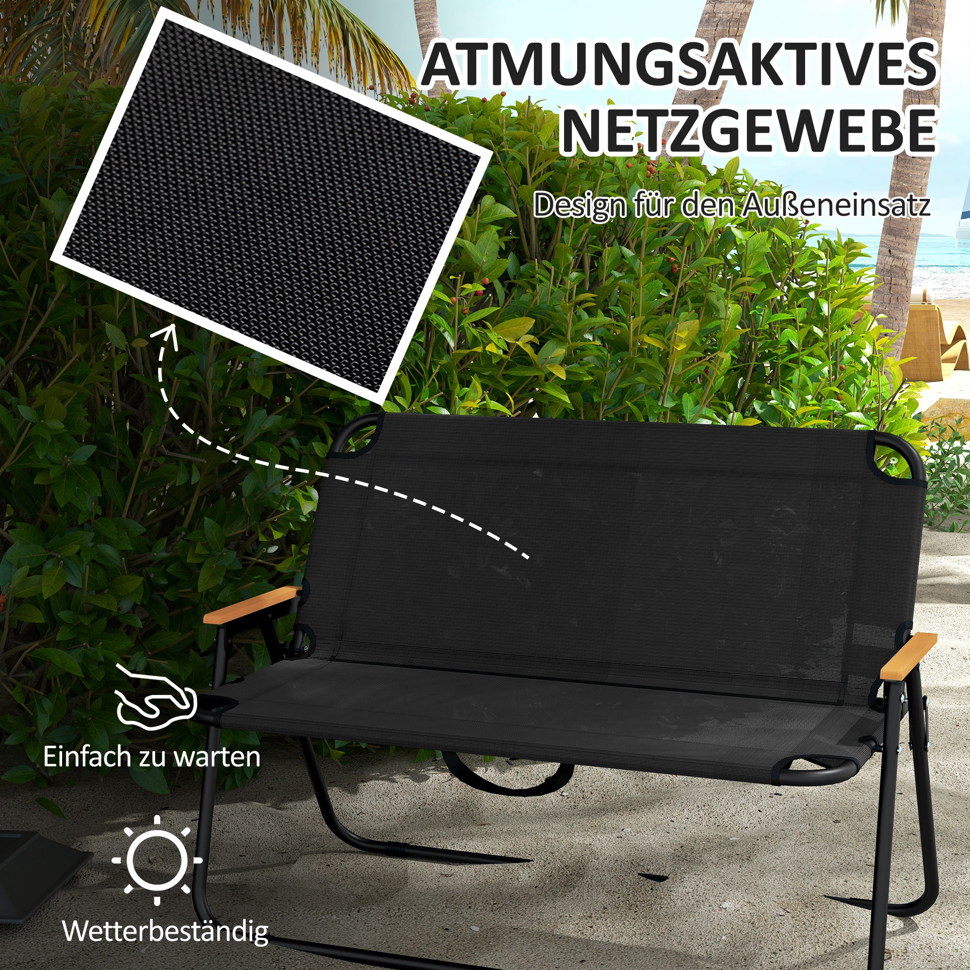 Klappstuhl, atmungsaktiv, Holz-Kunststoff-Armlehnen, 108x65x73cm, Schwarz-Natur