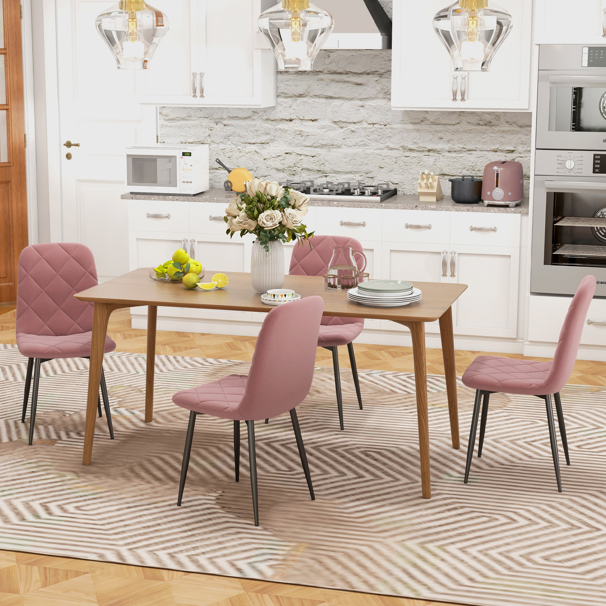 Esszimmerstühle 4er Set Küchenstuhl mit Rückenlehne, Samtoptik, Sessel 45 x 54 x 87 cm Rosa