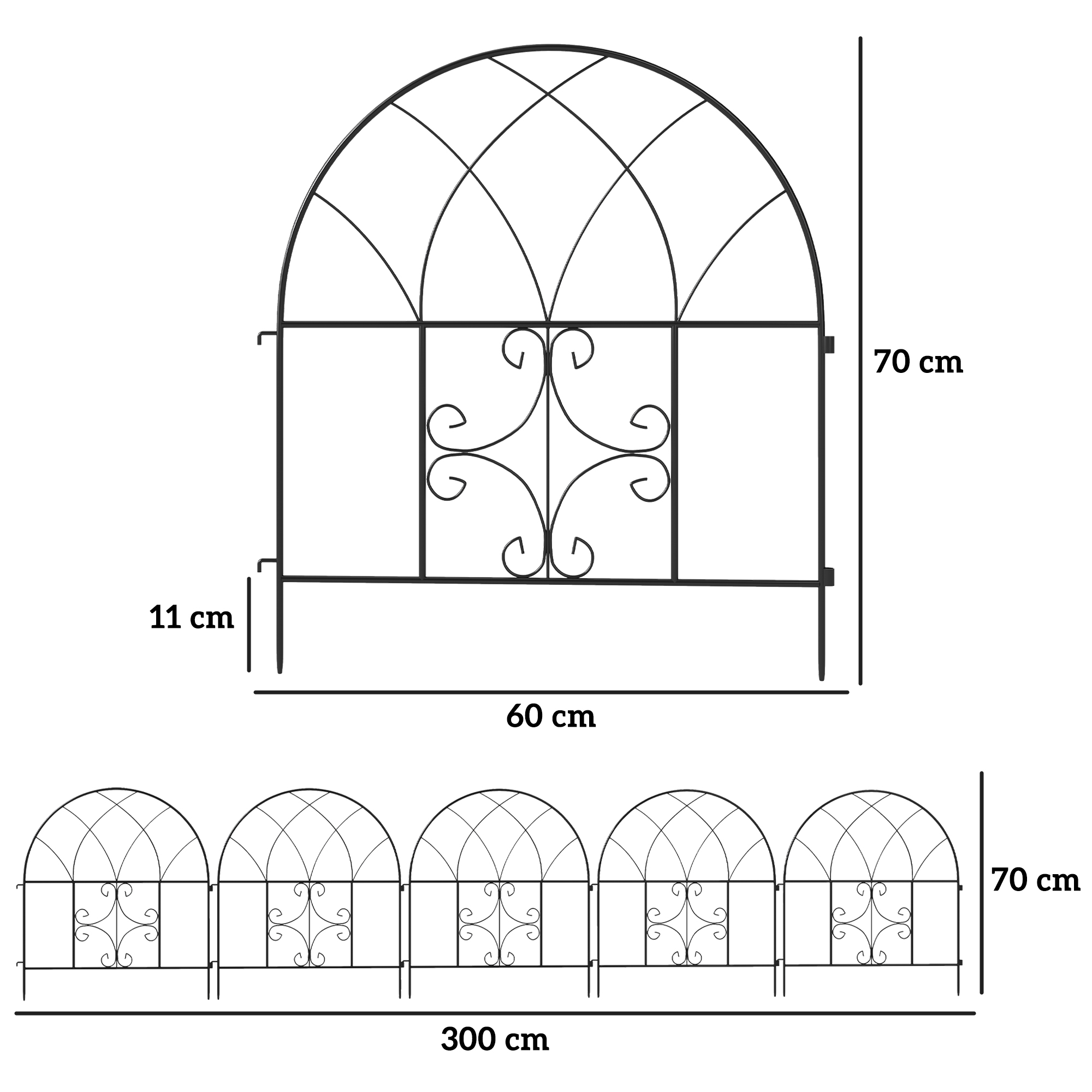 Gartenzaun Zaun Stahl 300 cm x 70 cm hoch Dekorativer Gitterzaun Set Zaunelemente Schwarz