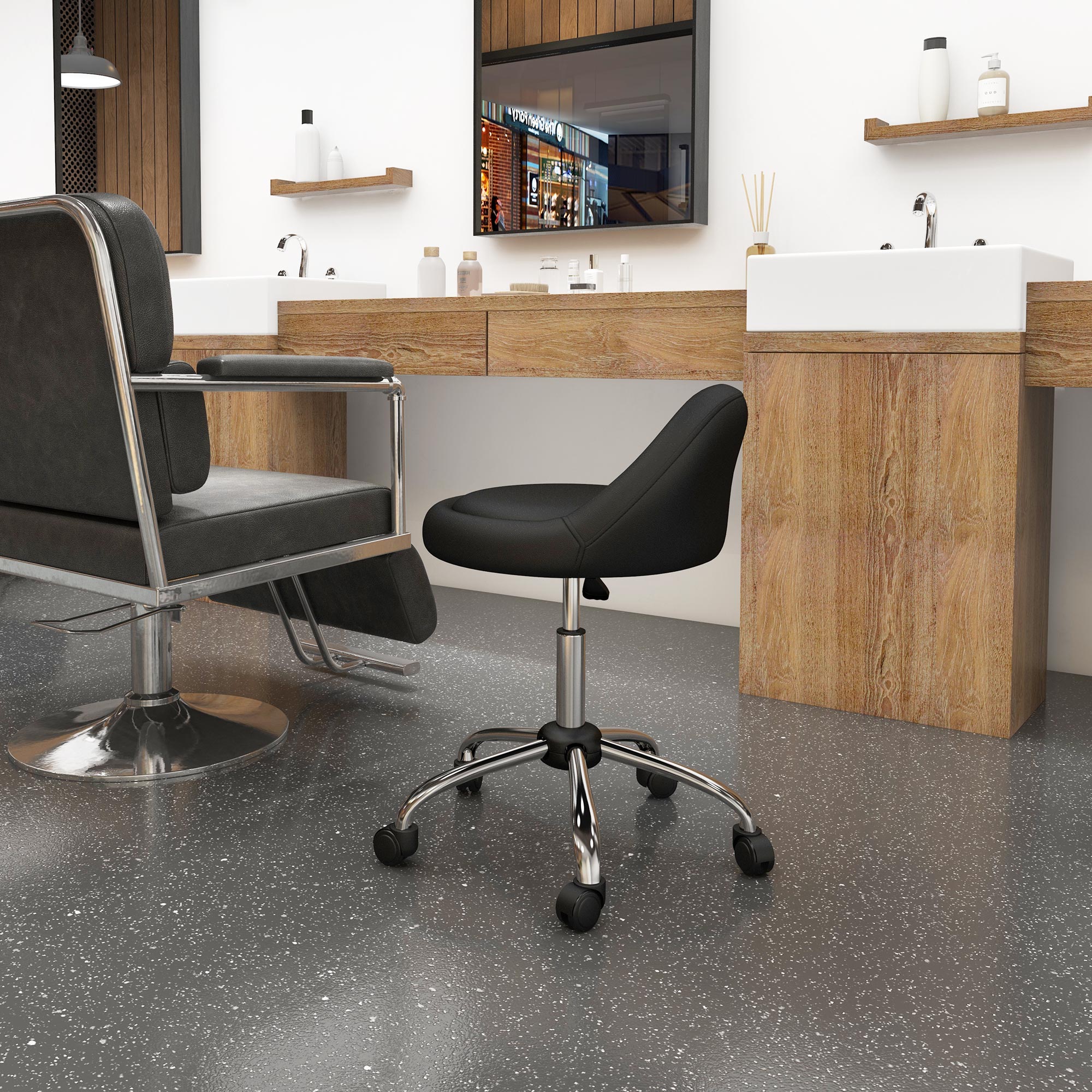 Arbeitshocker Drehhocker Rollhocker, höhenverstellbar, drehbare Sitzfläche, 50cm x 50 cm x 83 cm, Schwarz + Silber