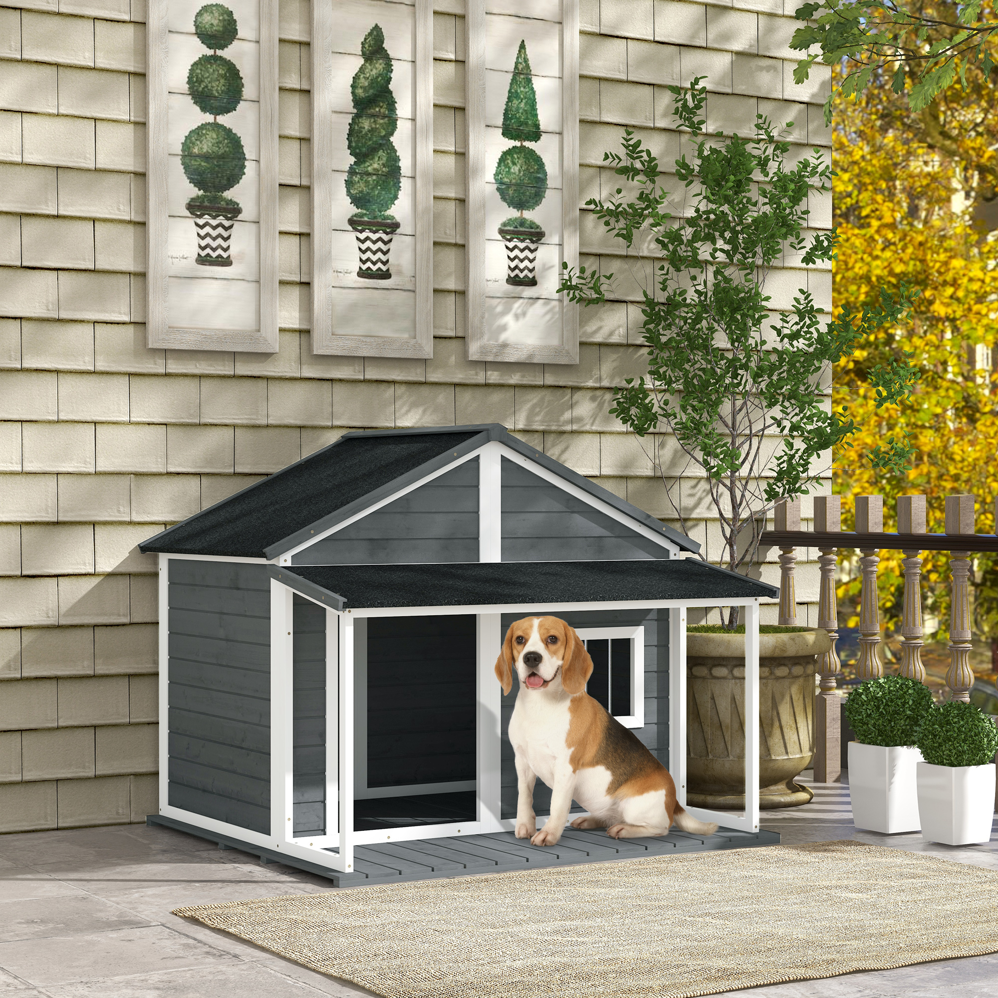 Hundehütte Outdoor-Hundehütte, inkl. Veranda, wetterbeständig, 124 cm x 112 cm x 105 cm, Grau + Weiß