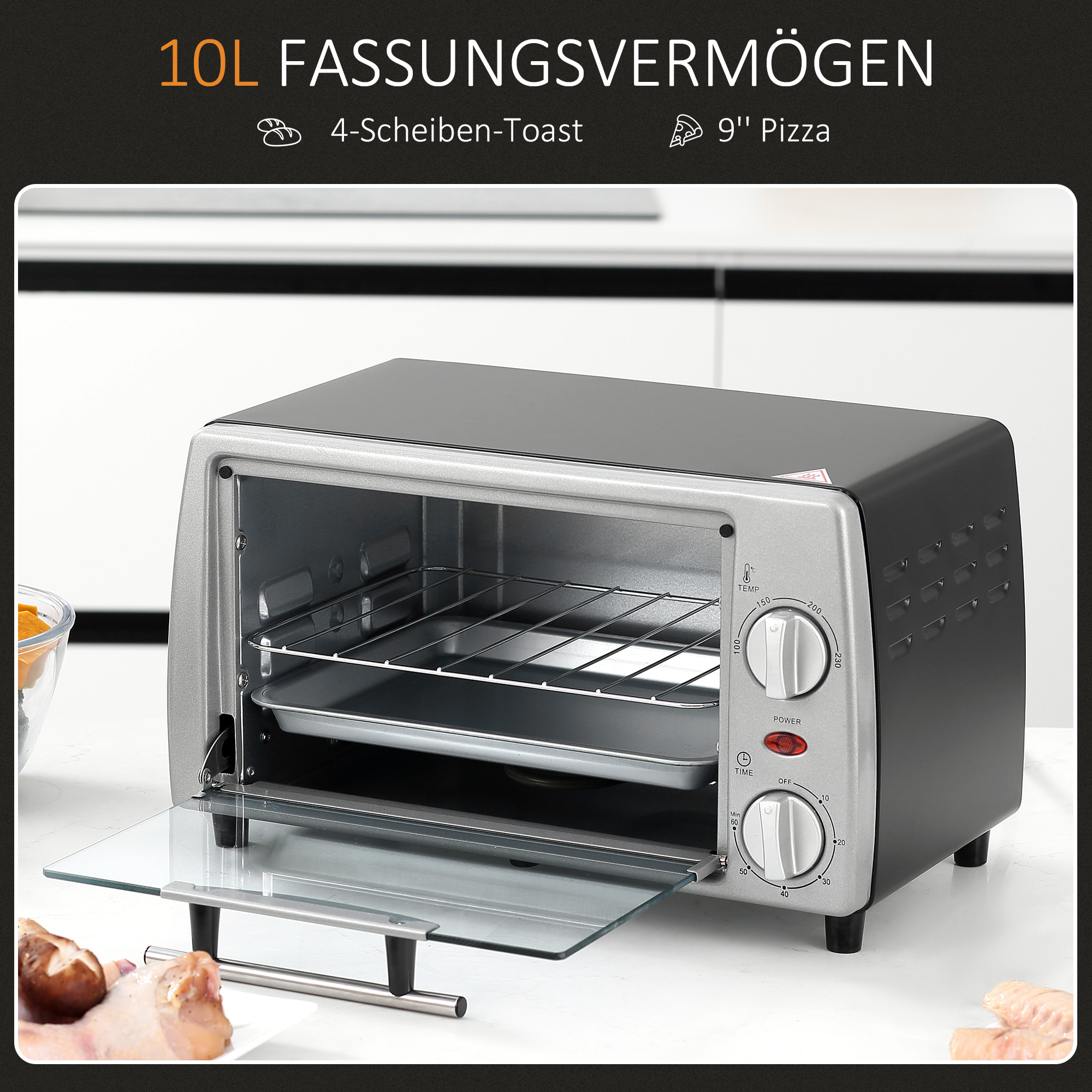Mini Backofen 10 L 750W 100-230℃ 60 Min. Timer mit Backblech, Grillrost und Herausnehmbarer Bodenschale, Pizza-Ofen Silber