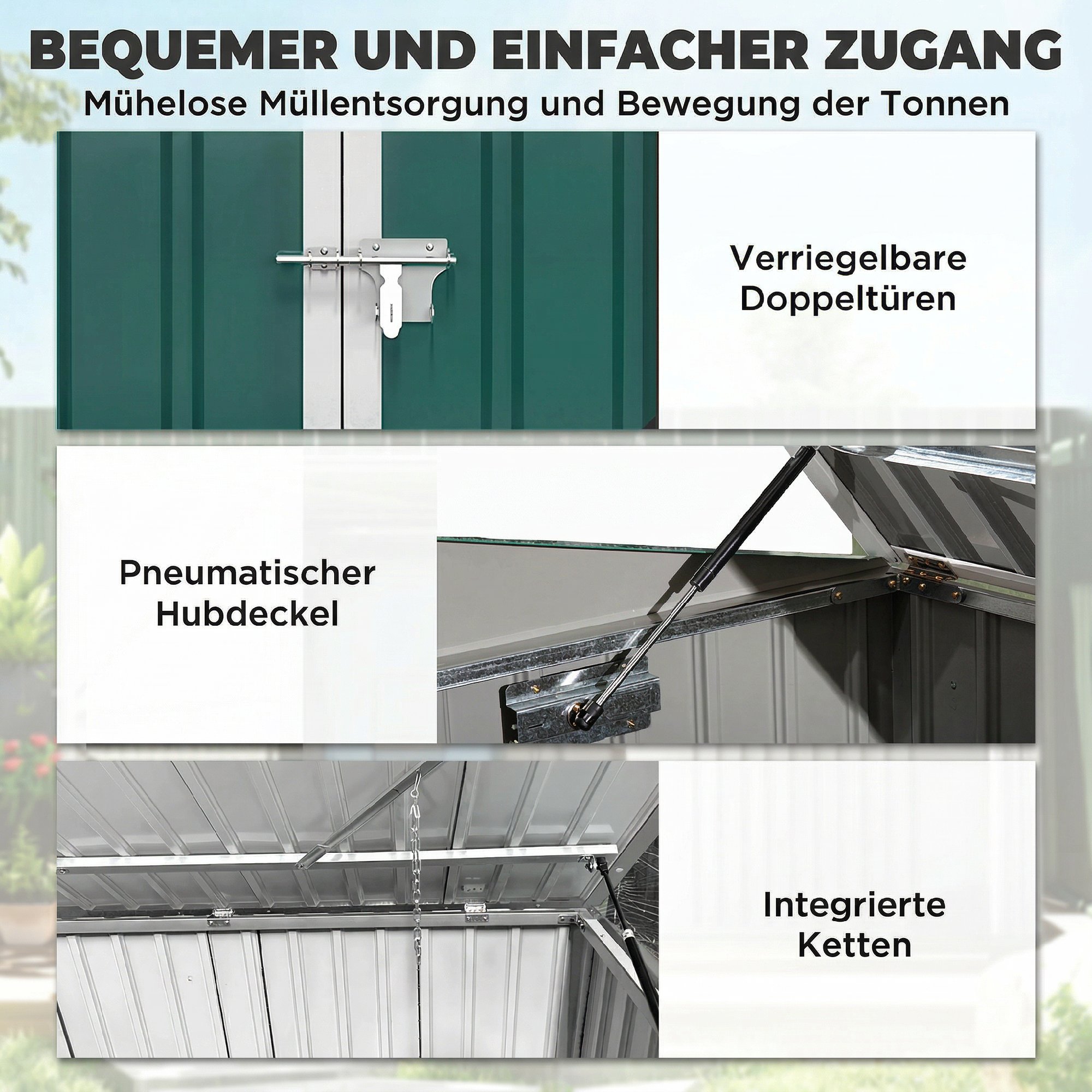 Mülltonnenbox Müllbox abschließbar Gerätebox mit Doppeltür Deckel für 2 Mülltonnen Stahl 179,5 x 108 x 129,5/113 cm Grün