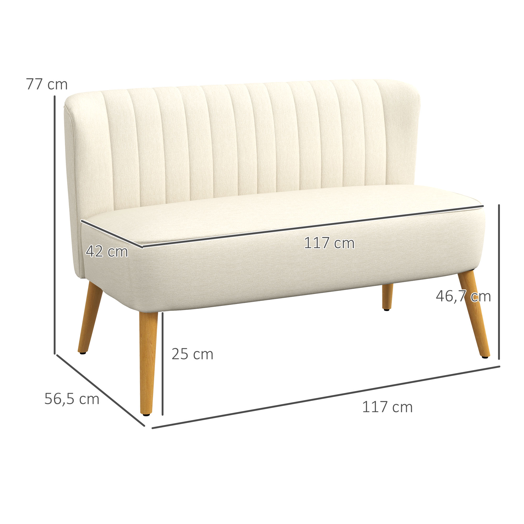 2-Sitzer Sofa, weiche Polsterung, pflegeleichter Bezug, bis 150 kg, 117 x 56,5 x 77 cm, Cremeweiß