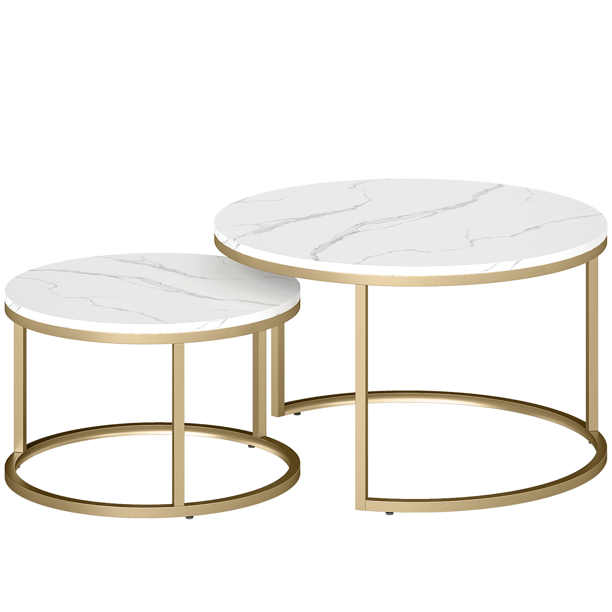 2er-Set runde Couchtische, stapelbare Beistelltische mit Metallrahmen, Wohnzimmertisch in Marmoroptik, Kaffeetisch, Grau