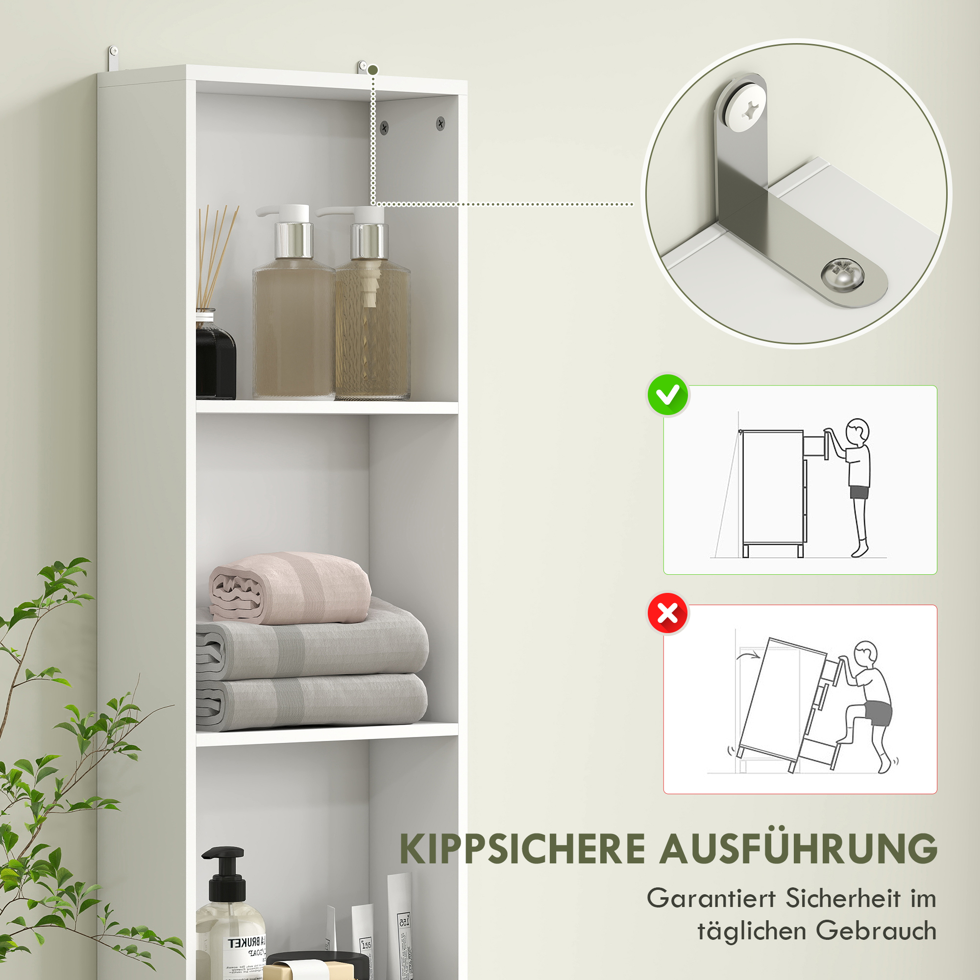 Hoher Badezimmerschrank, schmales Design, Schublade, Regale, Schrank, Spanplatte, Weiß