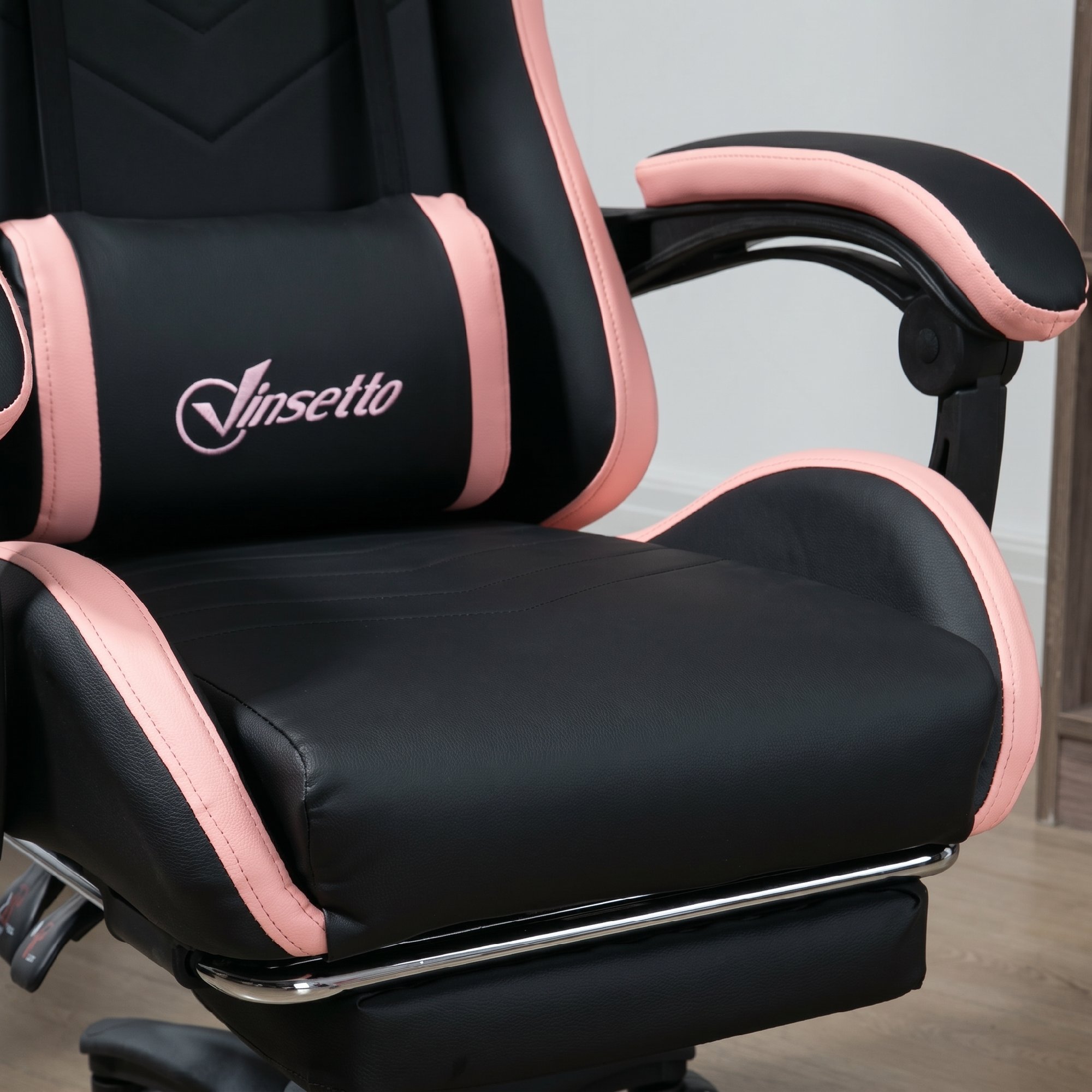 Bürostuhl, Gamingstuhl, 1 Kopfstütze, 1 Lendenstütze, Rosa + Schwarz