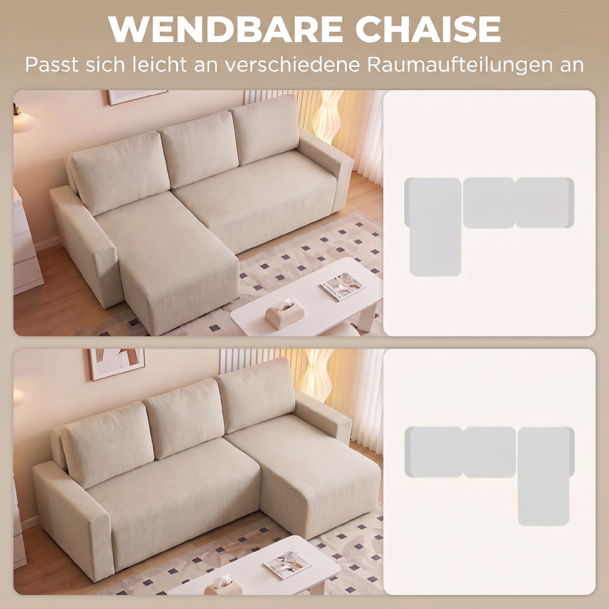 Ecksofa mit Schlaffunktion und umkehrbarer Chaiselongue, L-förmiges 3-Sitzer Sofa aus Veloursbezug, Beige