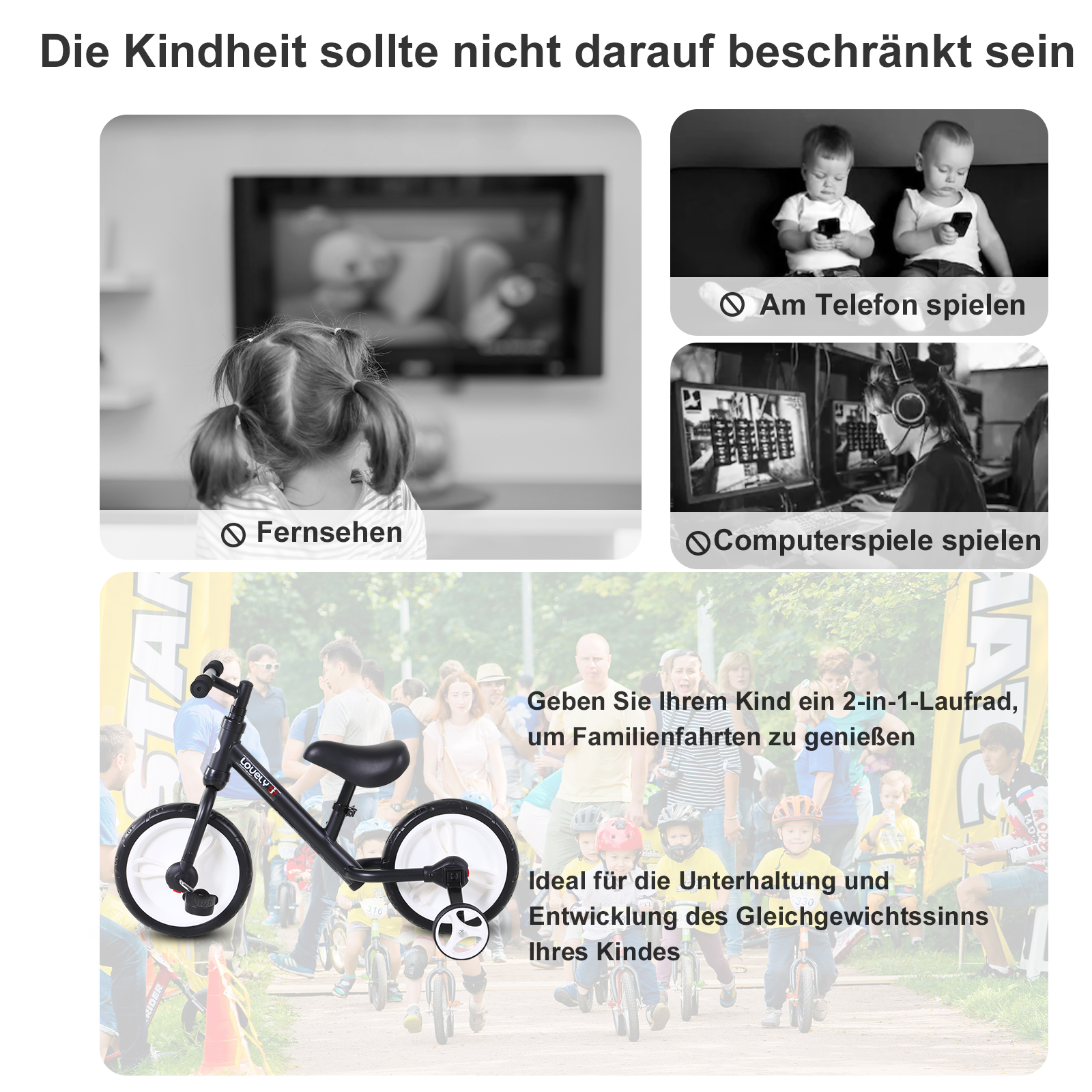 Kinder Laufrad ab 2-5 Jahre Lauflernrad mit Stützrädern, Pedalen, Höhenverstellbarem Sitz, Spielzeug Balance Bike für Kleinkinder Erste Geburtstag Geschenk, Schwarz