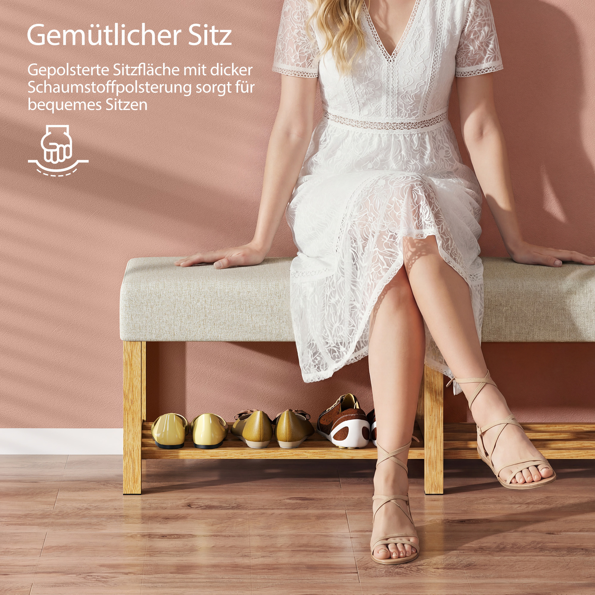 140 cm Schuhbank aus Massivholz, moderne Flurbank mit gepolsterter Sitzfläche für zwei Personen, Naturholz und Cremeweiß