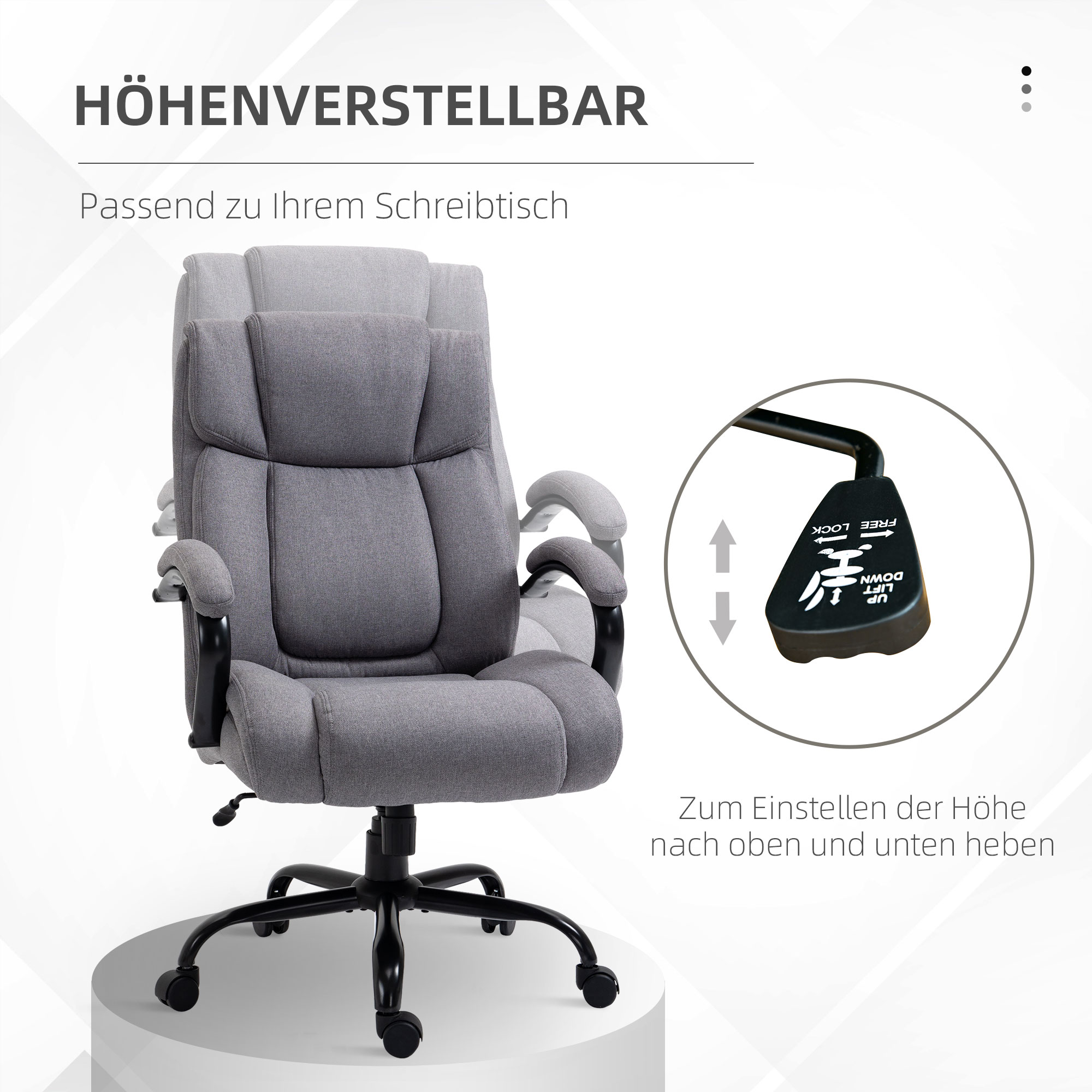 Bürostuhl, ergonomischer Chefsessel bis 220 kg belastbar, gepolsterter Schreibtischstuhl mit Armlehne, breiter Sitz, höhenverstellbarer Drehstuhl mit Wippfunktion, Leinenoptik, hellgrau