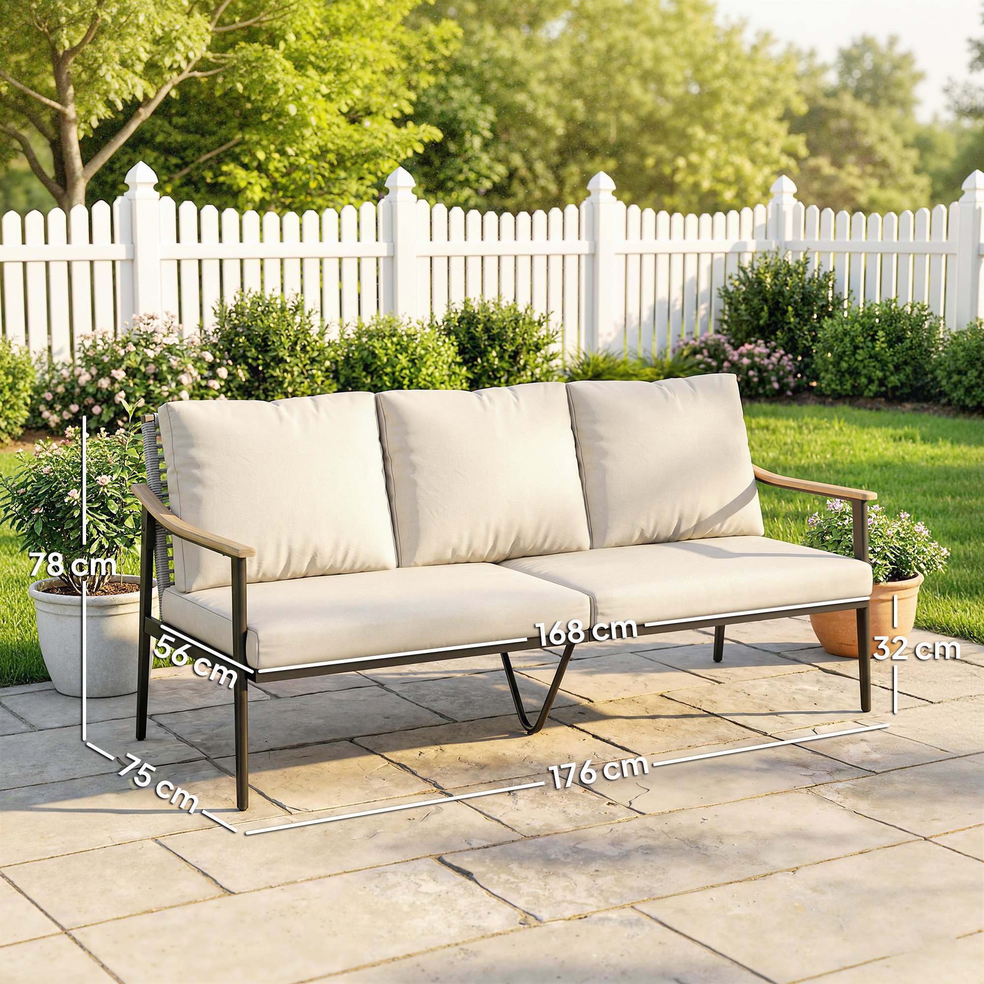 Gartensofa 3-Sitzer Rattan Loungesofa mit abnehmbar Kissen Holzoptik-Armlehnen Stahlrahmen Khaki