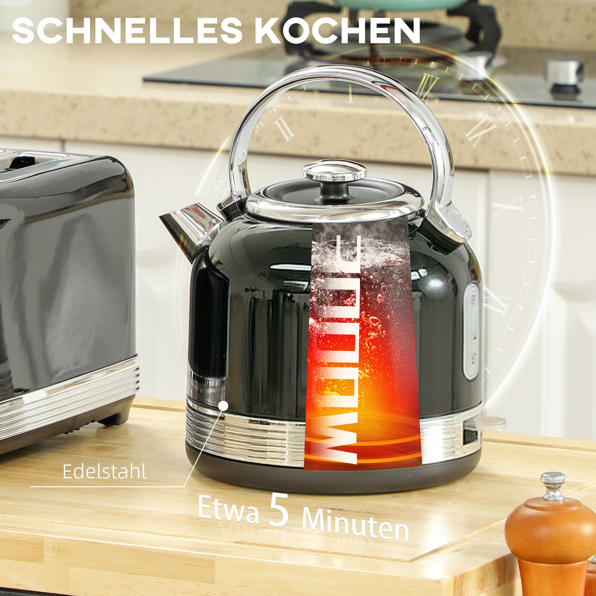 Wasserkocher- und Toaster-Set, 7 Bräunungsstufen, 1,7 L, Kunststoff, Edelstahl, Schwarz