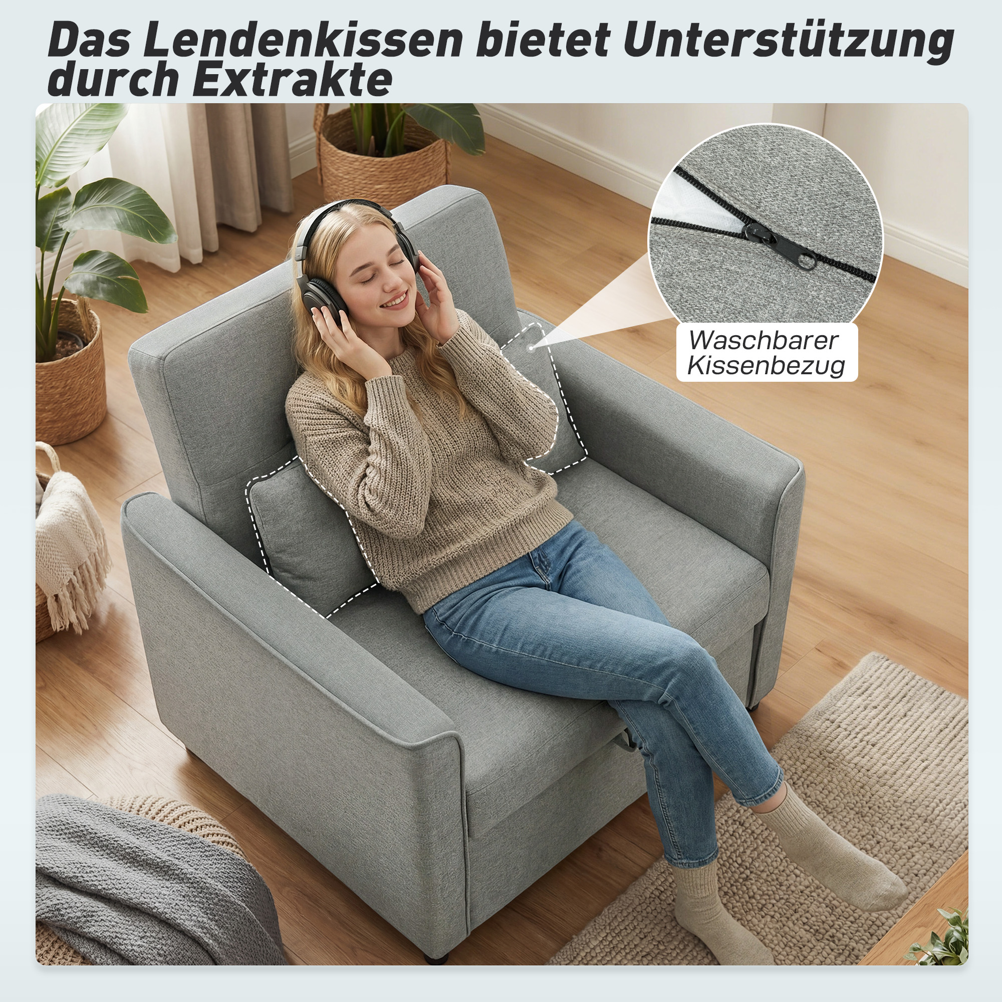 3-in-1 Schlafsessel, Ausziehbarer Sofa-Bett Sessel mit Verstellbarer Rückenlehne, Grau