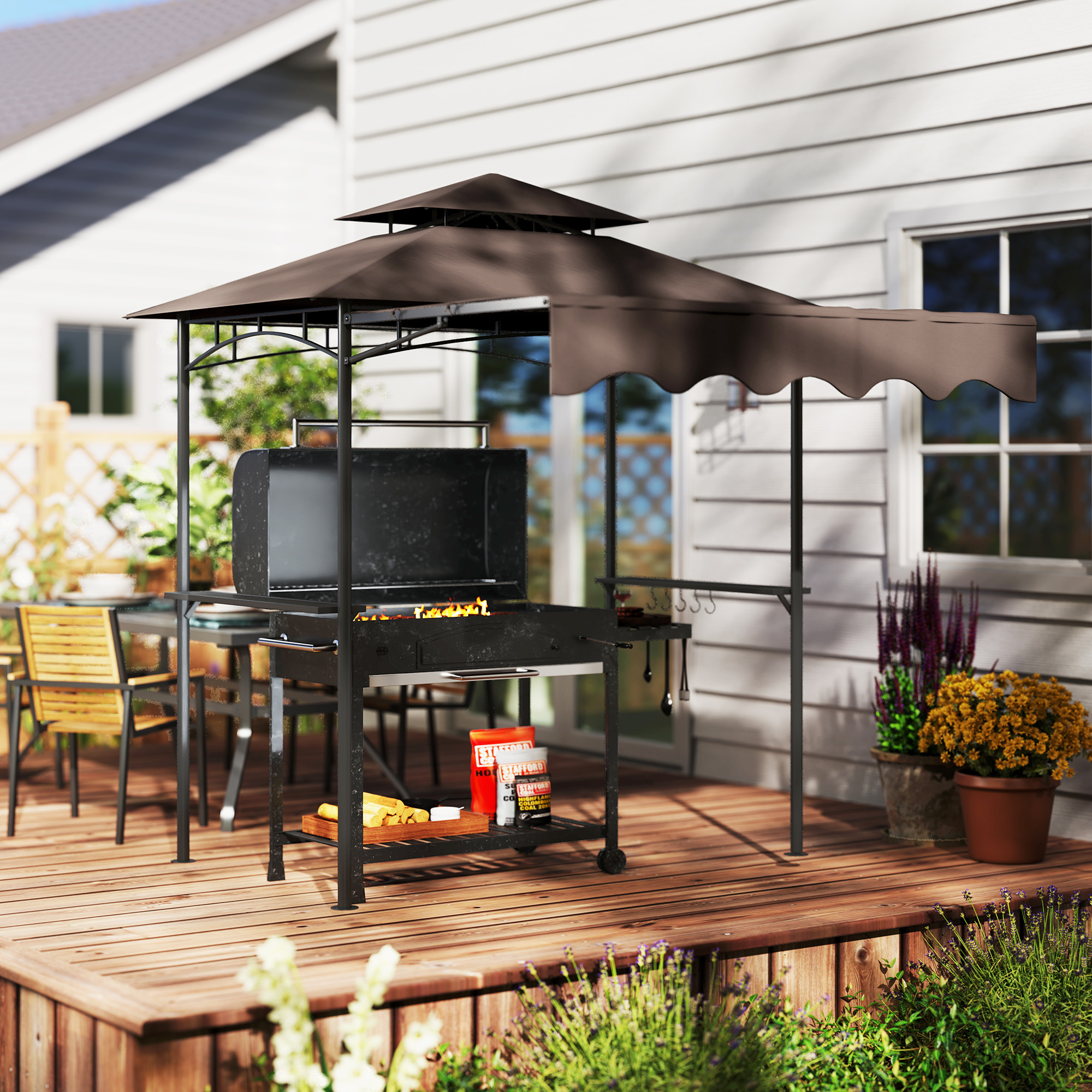 Grillpavillon 242x232x248 cm wasserabweisend flammhemmend Gartenpavillon mit Doppelschichtdach Kaffee