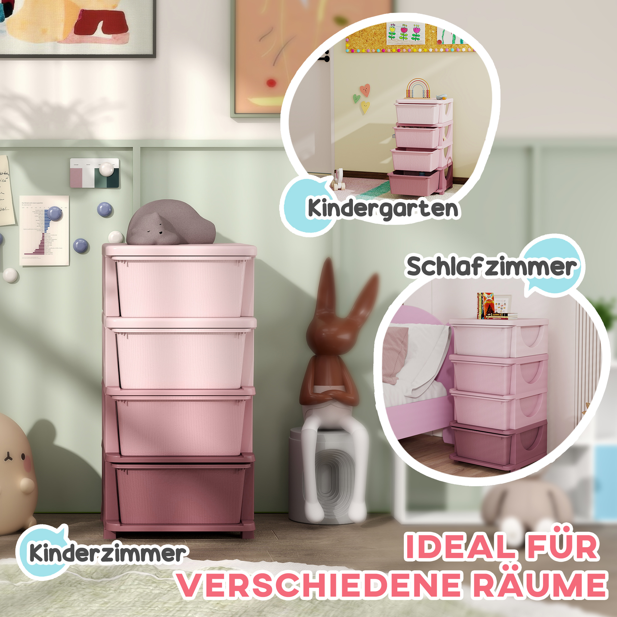 Aufbewahrungsboxen für Kinder, 4 Schubladen, abgerundete Kanten, erhöhtes Design, 37x37x76 cm, Rosa