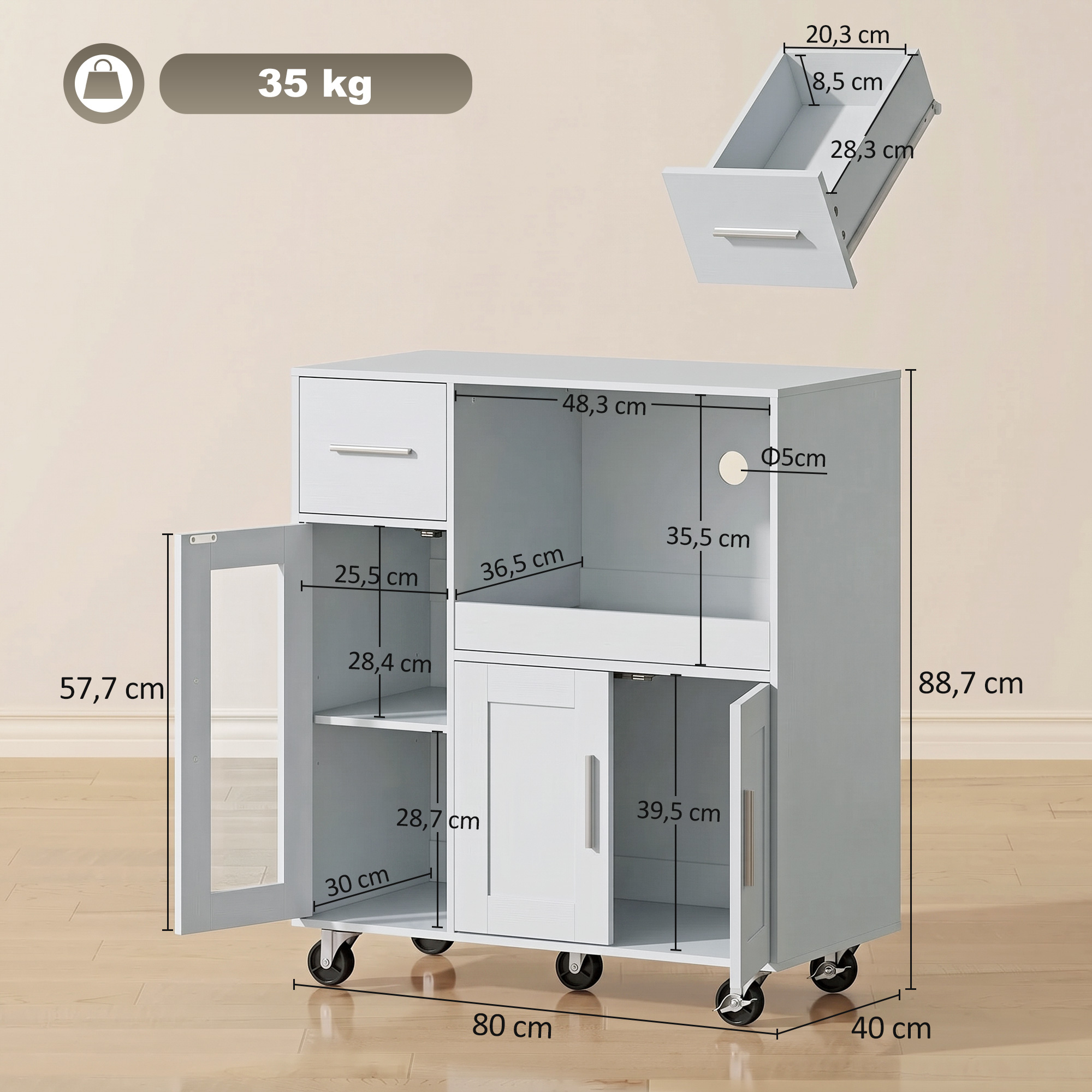 Küchenschrank auf Rädern, Mobile Küchenkommode mit Ablagen, Schubladen, verstellbarem Regal, Kabelloch, Grau