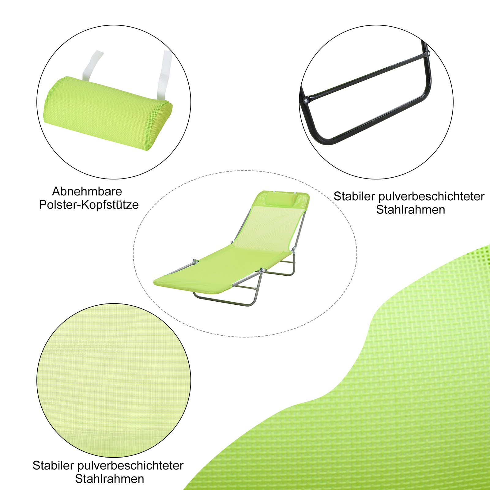 Sonnenliege klappbar Gartenliege mit Kopfkissen Liegestuhl verstellbar mit 5-Fach Campingliege bis 120kg belastbar für Garten, Balkon und Pool geeignet, 4 Farben(Grün)
