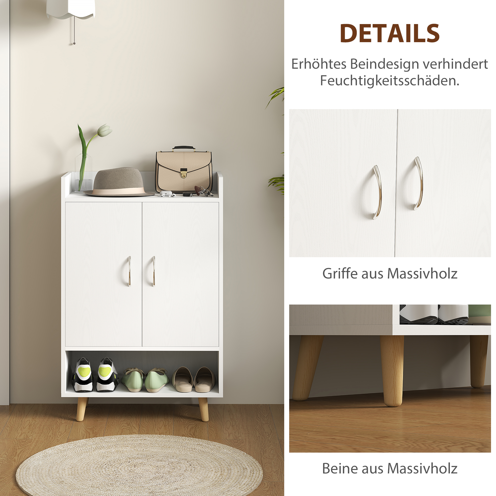 Schuhschrank, Schuhregal mit Türen und Regalen, für Flur, moderne Schuhkommode, Schuhablagen, 60 x 30 x 92 cm, Weiß