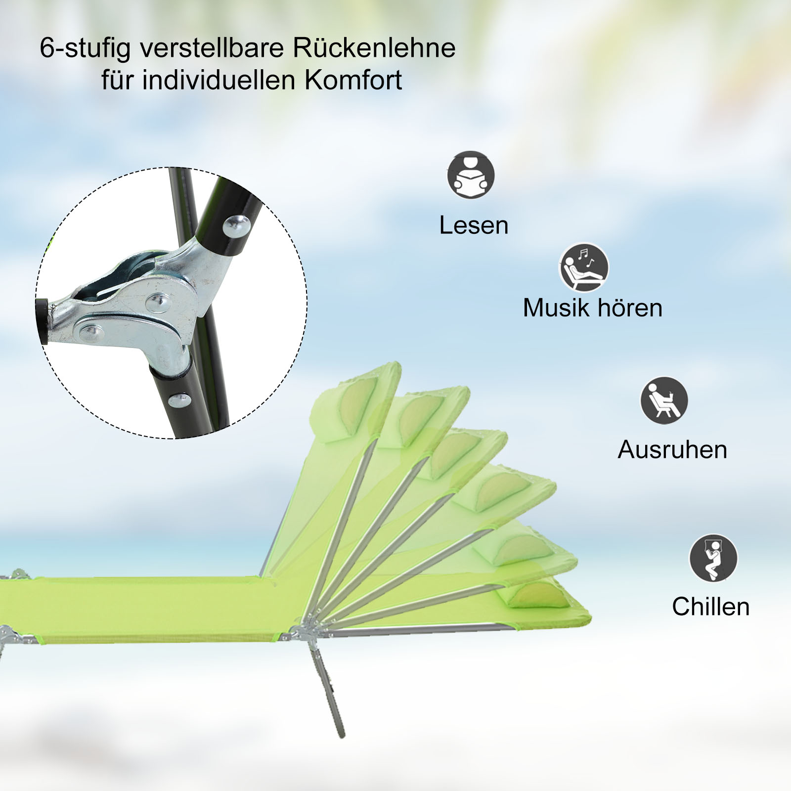 Sonnenliege klappbar Gartenliege mit Kopfkissen Liegestuhl verstellbar mit 5-Fach Campingliege bis 120kg belastbar für Garten, Balkon und Pool geeignet, 4 Farben(Grün)