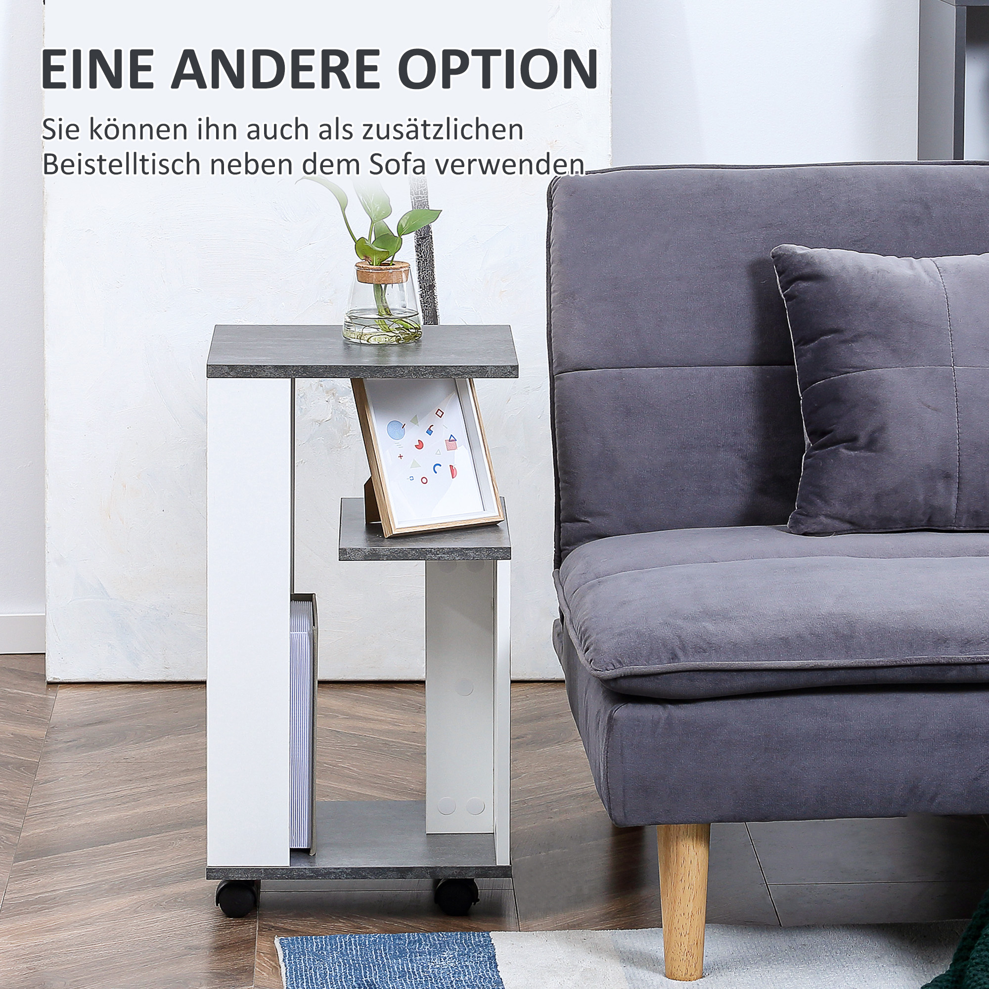 Nachtschrank, mit 4 Rollen, 3 Regale, 35 x 29,5 x 65,5 cm, Grau/Weiß