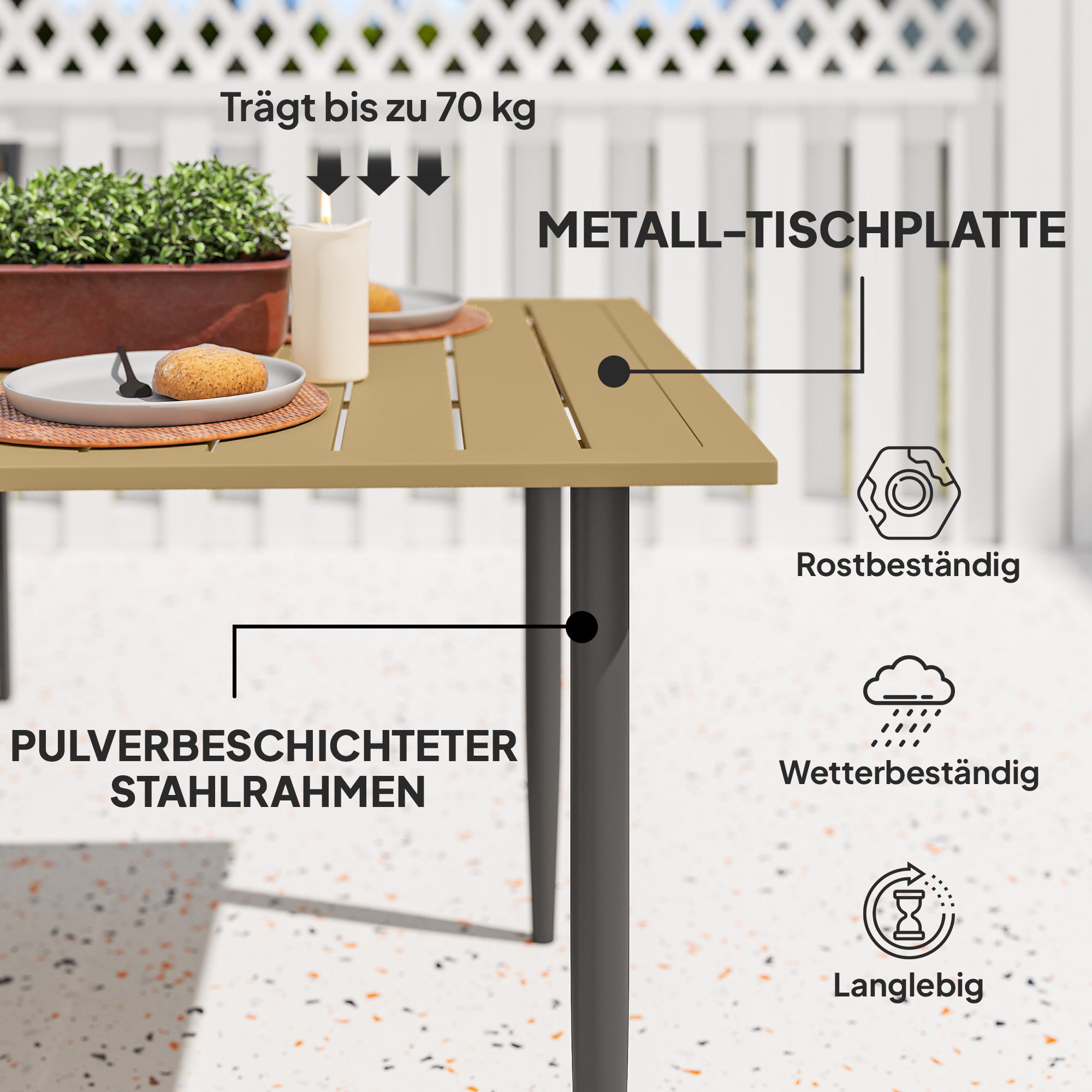 Gartentisch 150x90cm, Wetterfest Balkontisch aus Stahl, Balkontisch mit Schirmloch Braun