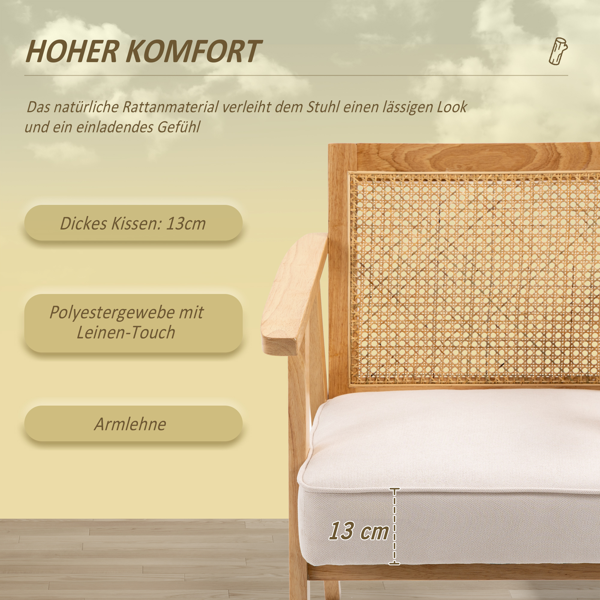 Exotischer Polsterstuhl, Kautschukholz, Sitzkissen in Leinenoptik, 63L x 69B x 78H cm, Cremeweiß