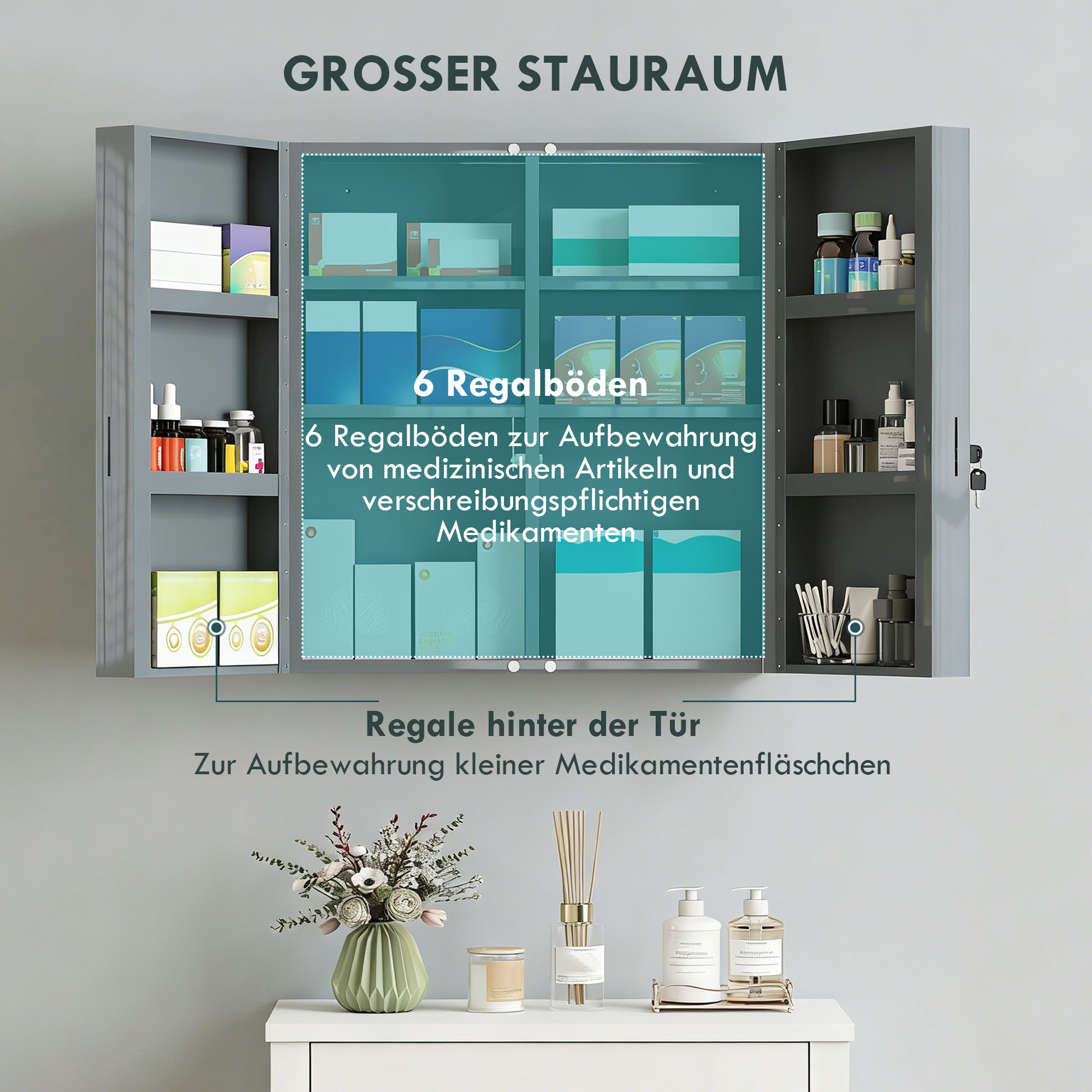 Medizinschrank, abschließbarer Medikamentenschrank mit 2 Türen und 6 Regalen, Kohlegrau