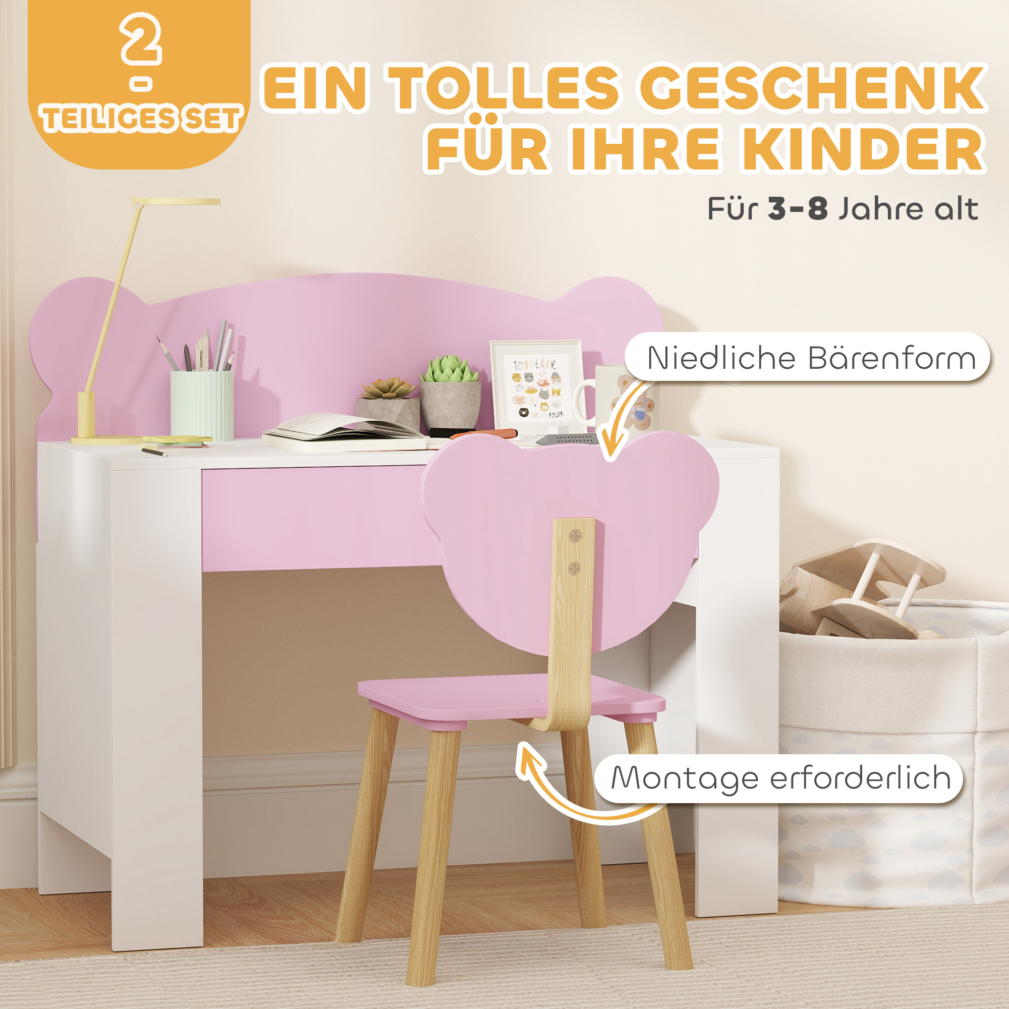 Schreibtisch-Set für Kinder, Arbeitstisch und Stuhl mit Bärenform, Schublade, zum Schreiben und Basteln, 3-8 Jahre, Rosa