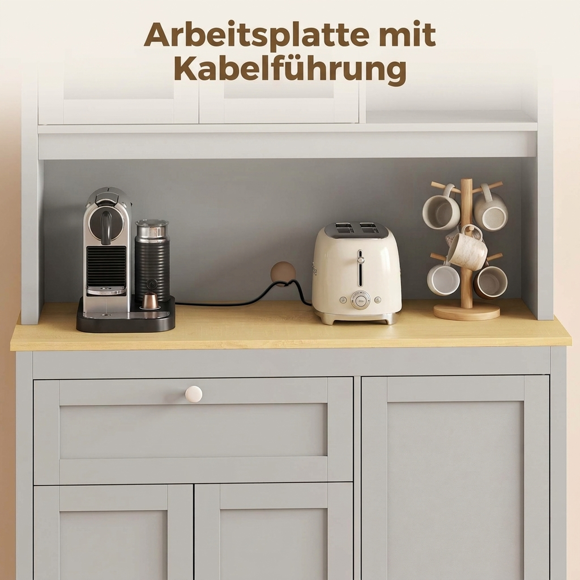 Vorratsschrank mit offener Arbeitsfläche und Kabeldurchlass, Küchenbuffet mit Glastüren Grau, 180cm