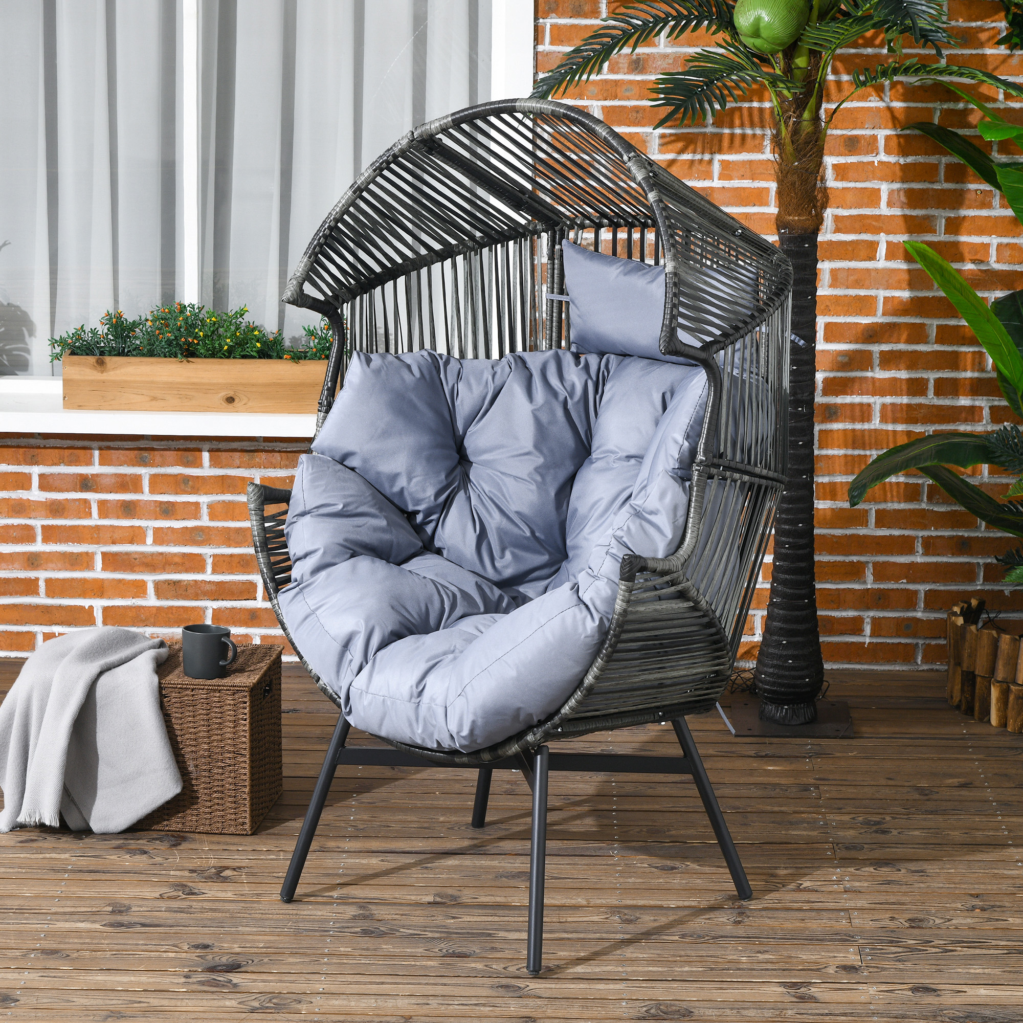 Rattansessel Outdoor-Sessel Gartensessel, PE-Rattan, 89 cm x 75 cm x 143 cm, Grau+Schwarz