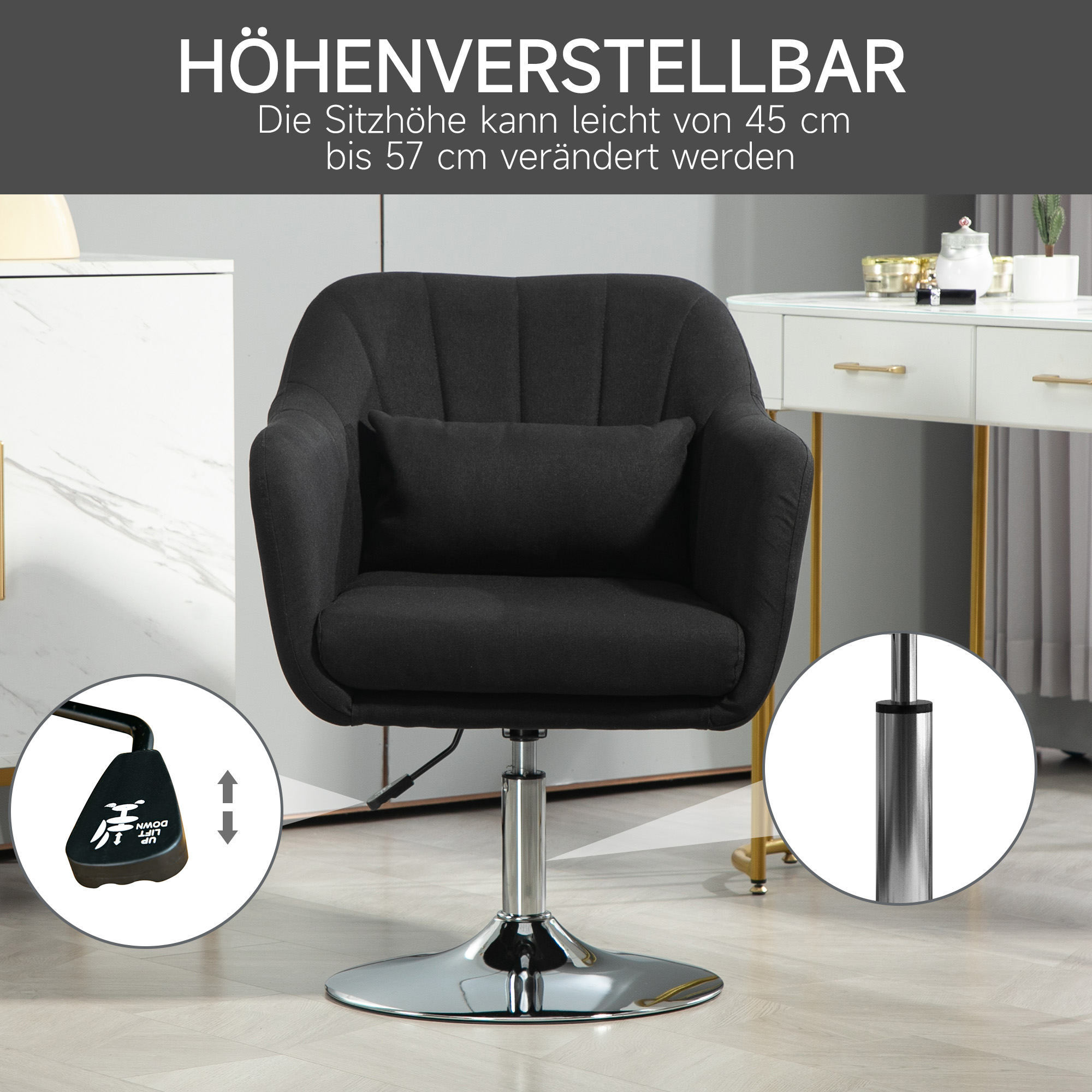 Drehstuhl, höhenverstellbarer Bürostuhl, leinenartiges Polyester, Metall, 60 x 60 x 79-91 cm, Schwarz