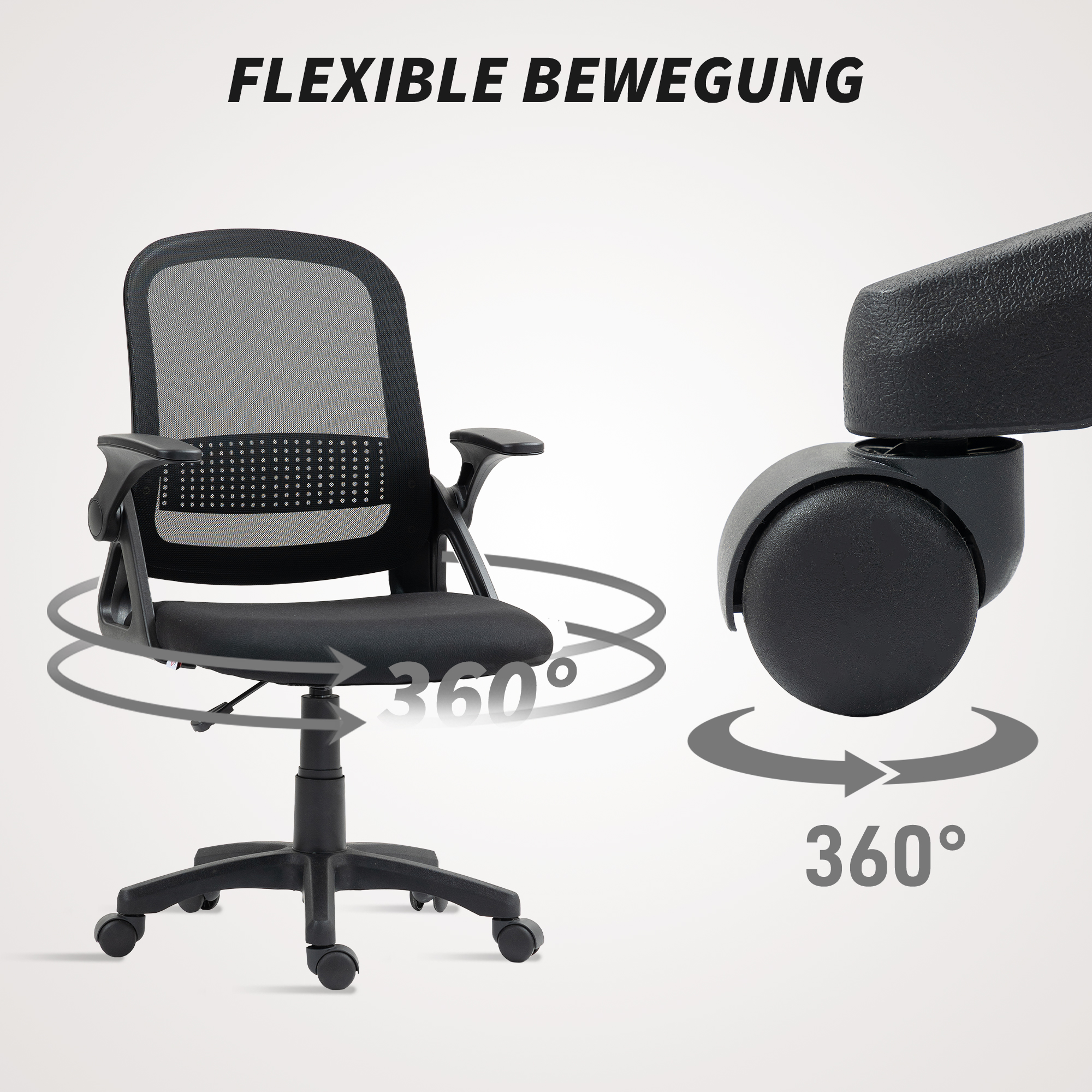 atmungsaktiver Mesh-Bürostuhl, Ergonomischer Drehstuhl mit klappbaren Armlehnen und Lendenwirbelstütze, Schwarz