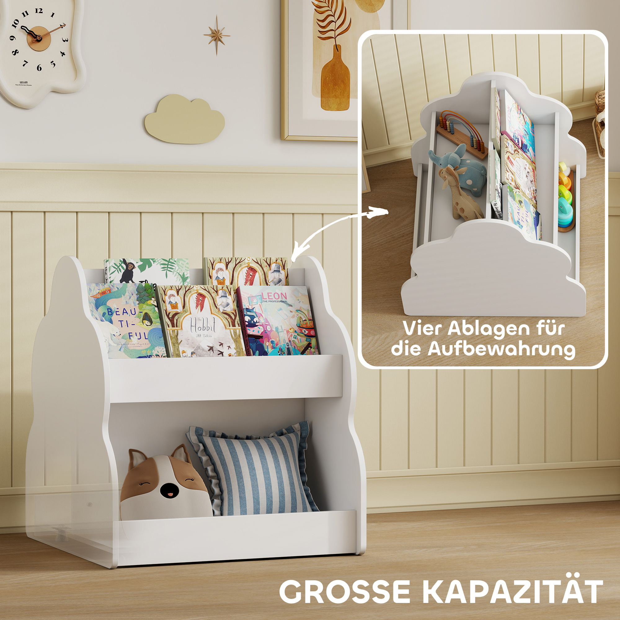 Kinderregal, 2-stöckiges Kinder-Bücherregal mit Rädern, 4 Regalen, für Kinderzimmer, Spielzimmer, 54x50x56 cm, Weiß