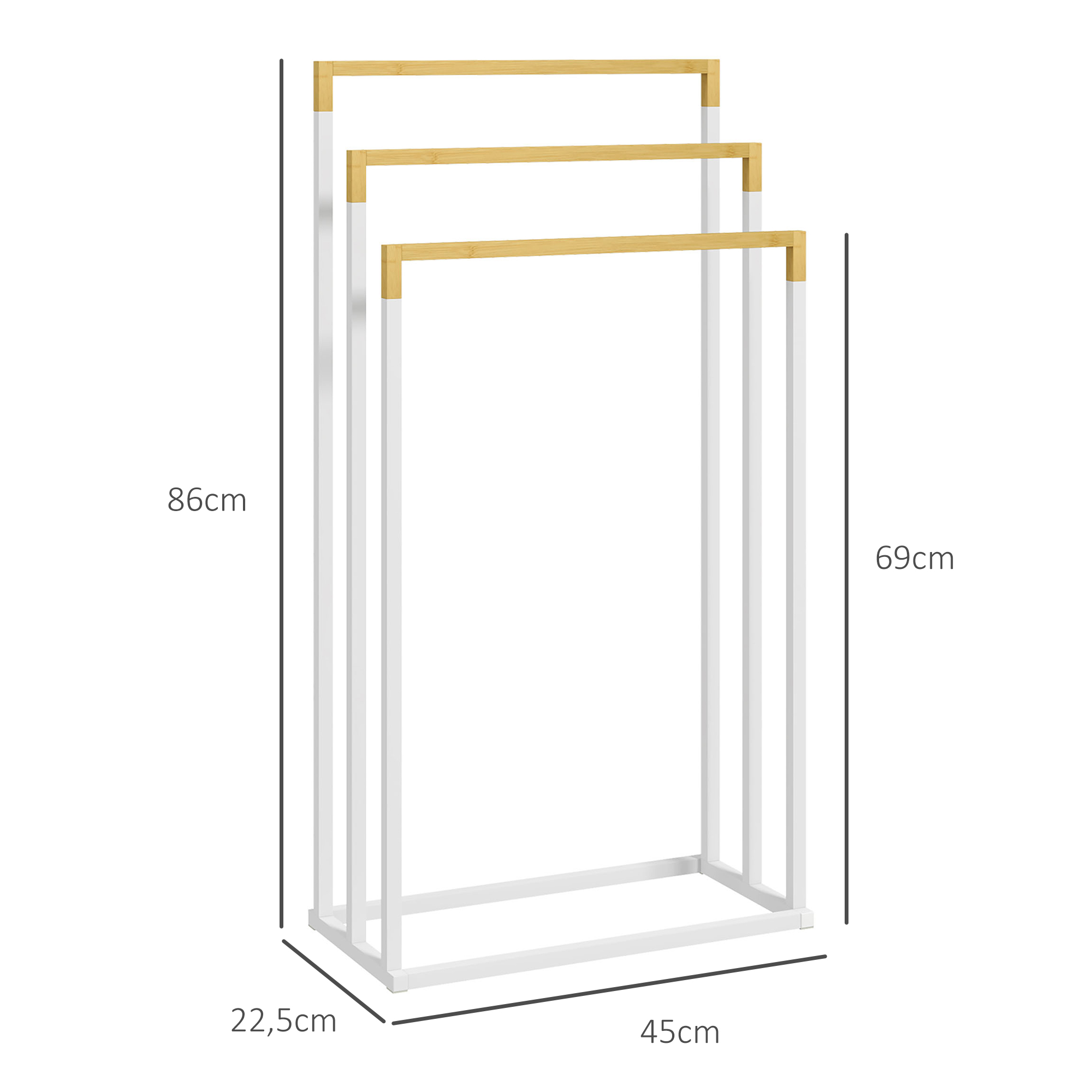 Handtuchhalter Handtuchalter-Set 3 Handtuchstangen, Industriedesign, Bambus, 45 x 22,5 x 86 cm, Weiß + Natur