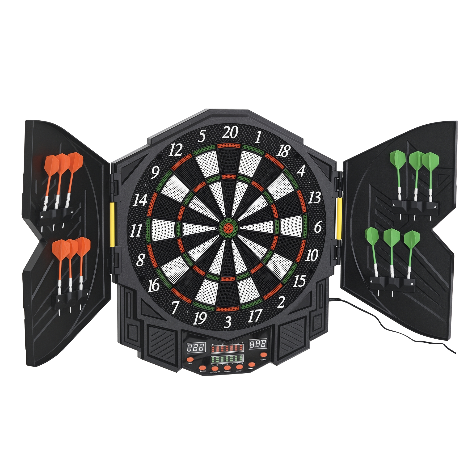 elektronische Dartscheibe Dartboard mit Sprachansagen Englische Stimme LED-Anzeigen 12 Darts 27 Spiele 216 Varianten Dartautomat mit Türen Dartscheibe Set für bis zu 8 Spieler