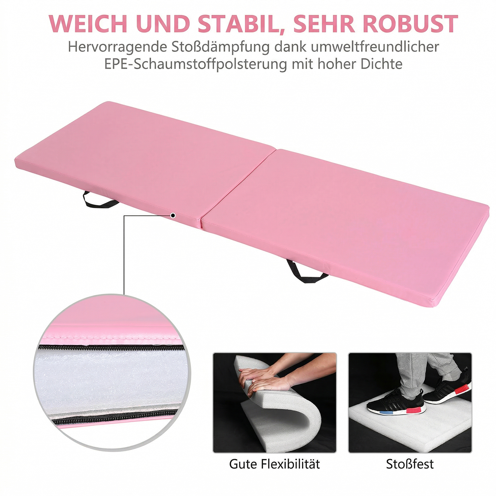 Trainingsmatte, faltbare Fitnessmatte mit Griffen für Yoga, MMA, Fitness, Pilates, Synthetikbezug, 180 x 60 x 5 cm, Rosa