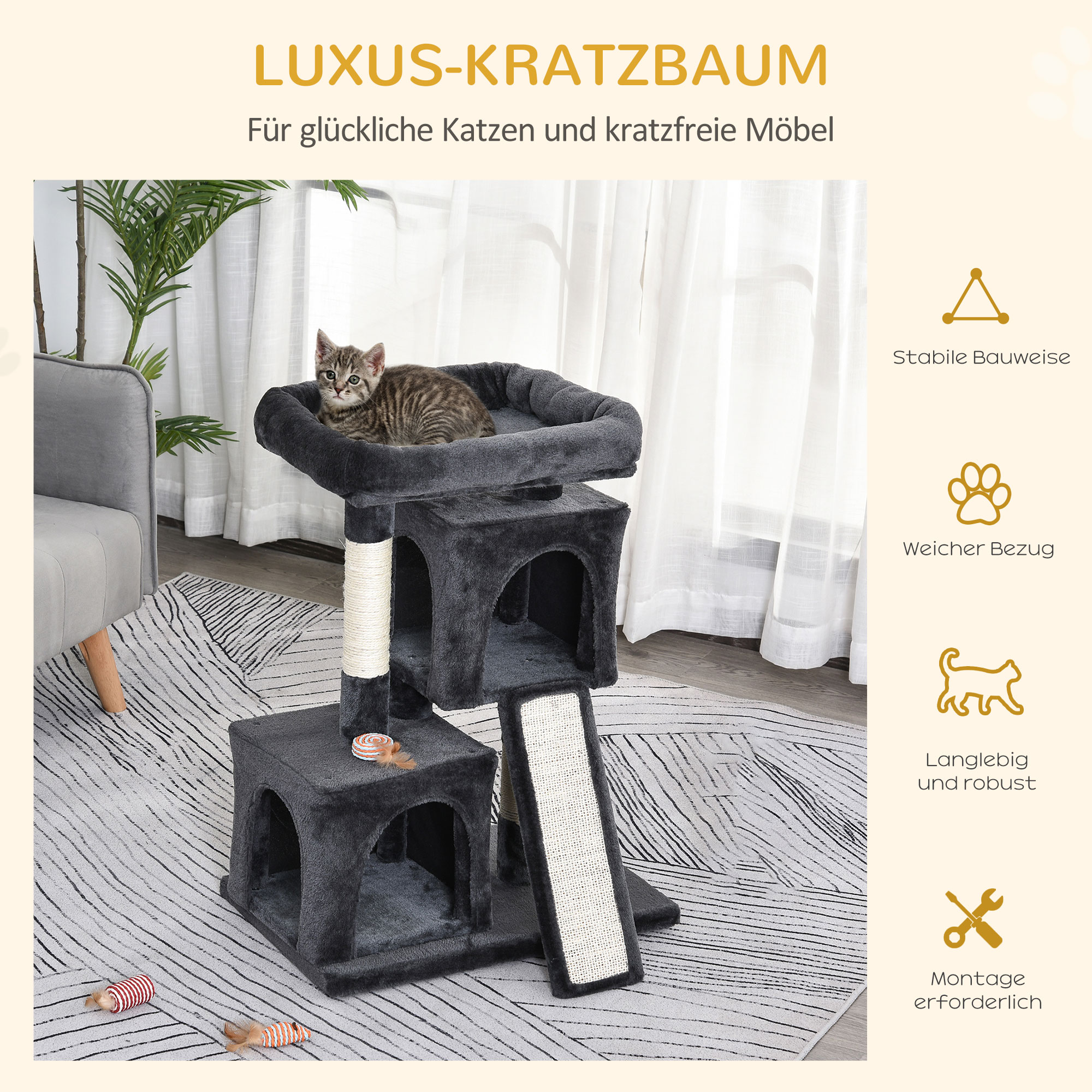 Kratzbaum 83 cm Kleiner Katzenkratzbaum mit Sisalsäulen, Katzenkratzbaum, Katzen Kletterbaum, Katzenbaum, Katzenmöbel Spielbaum für kleine Katzen, Dunkelgrau