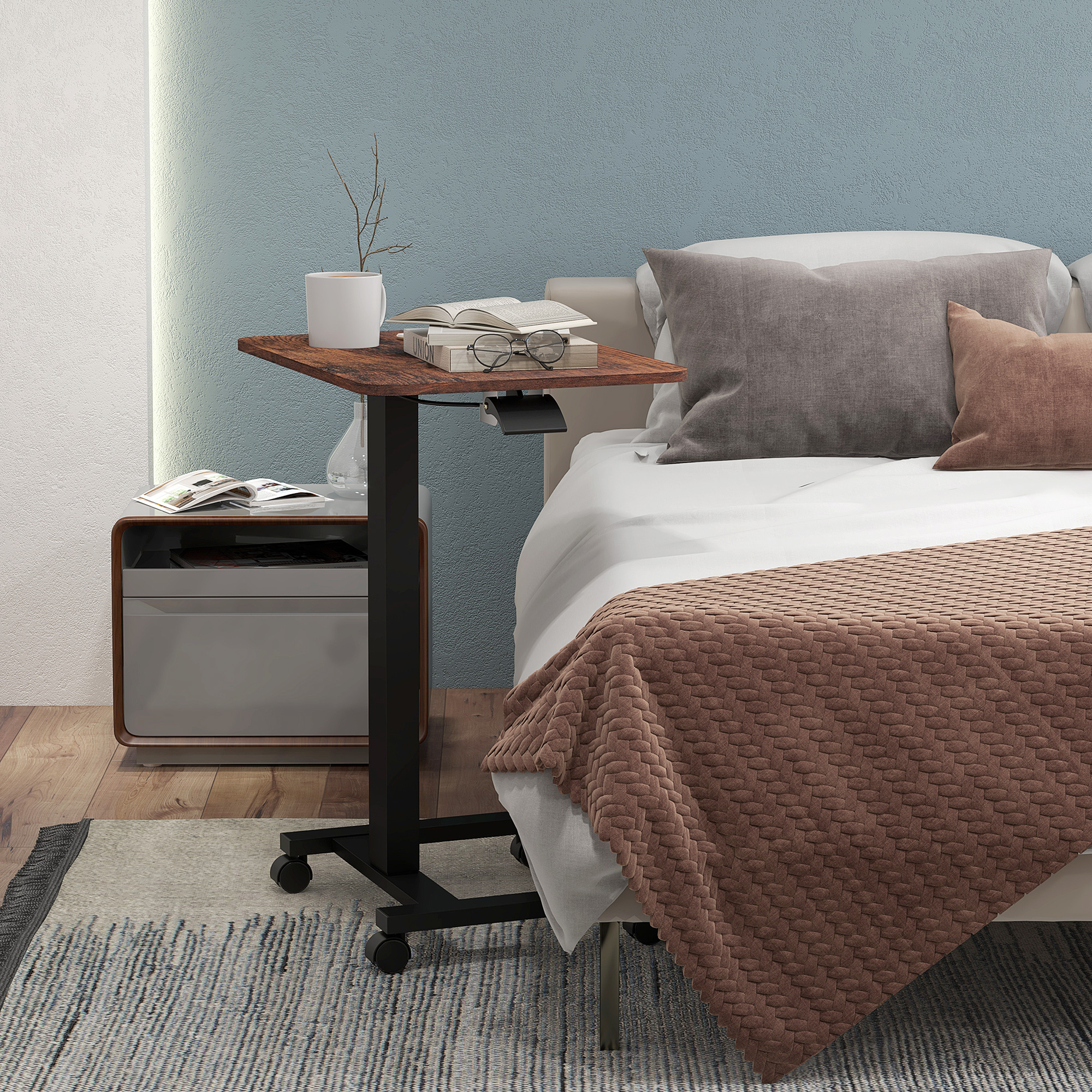 Stehpult Stehtisch, Laptoptisch, höhenverstellbar, 4 Rollen, 65 cm x 48 cm x 108 cm, Braun + Schwarz