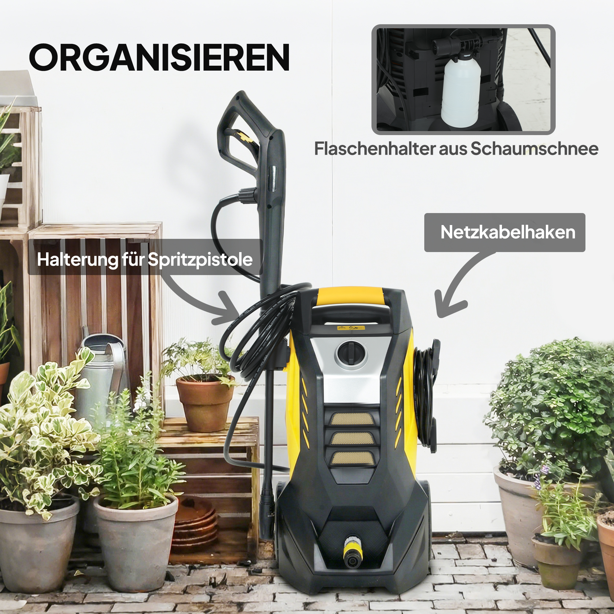 Hochdruckreiniger mit Aluminiumpumpe 135 bar Maximaldruck 1800W Leistung 540 L/h 5m Schlauch verstellbare Düse & Griffe