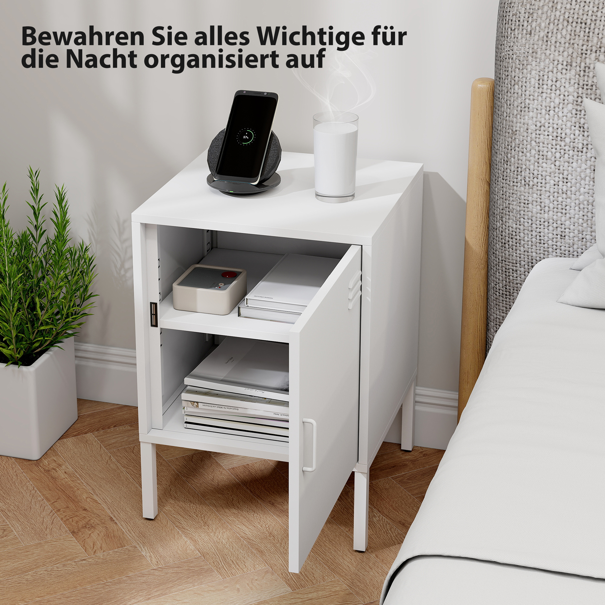 Nachttisch aus Stahl, Beistelltisch für verschiedene Zwecke, verstellbares Regal, für Schlafzimmer, Wohnzimmer, Weiß