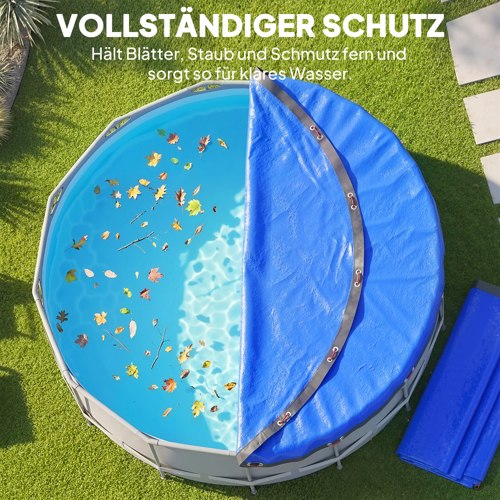 Poolabdeckung rund Ø 450 cm staub- und wasserdichte Abdeckplane mit Sicherungsseil Spanner für Sommer & Winter, Blau