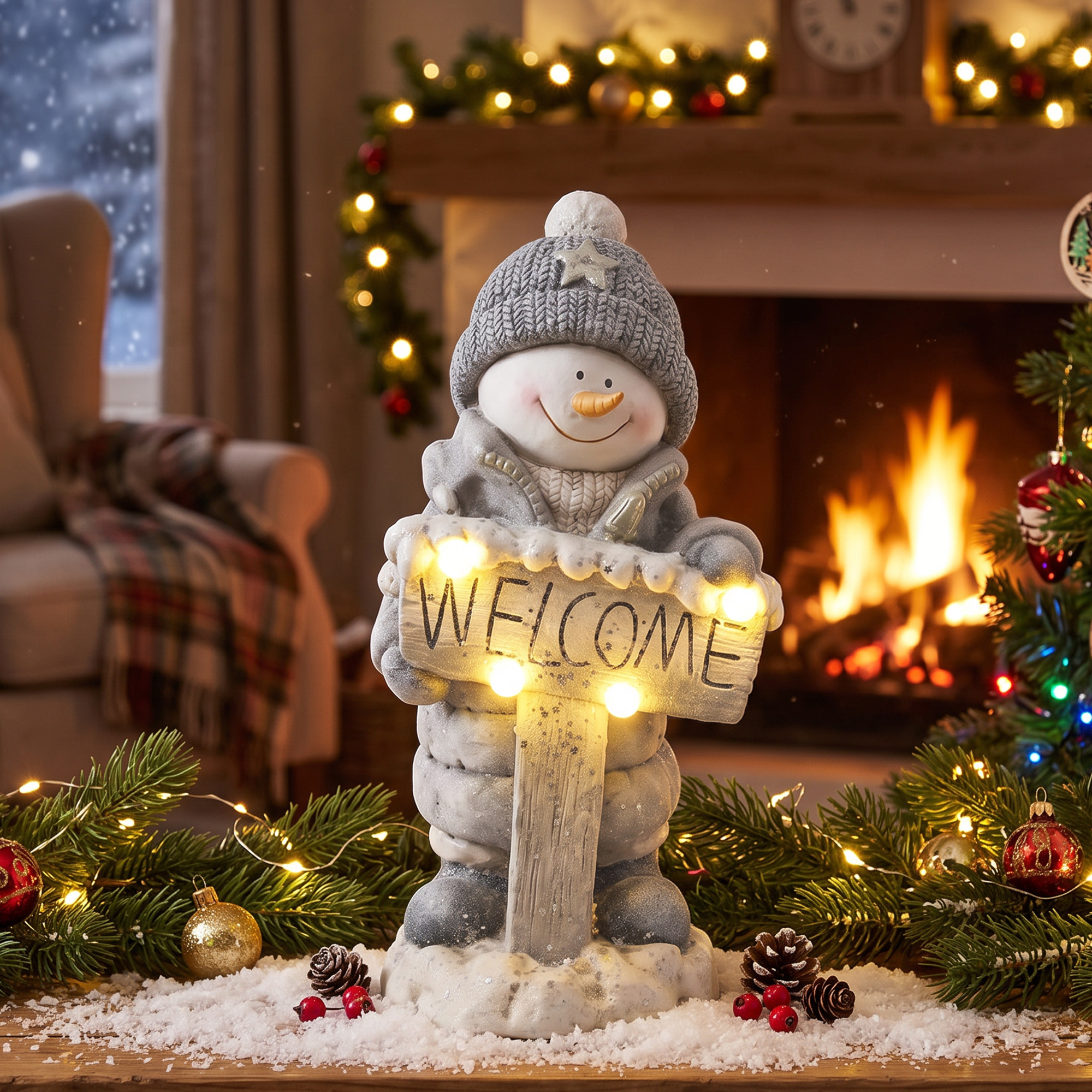 Weihnachtsdeko Schneemann-Figur, beleuchtete Weihnachtsstatue aus MGO mit Welcome-Schild, LEDs und Tages-Timer