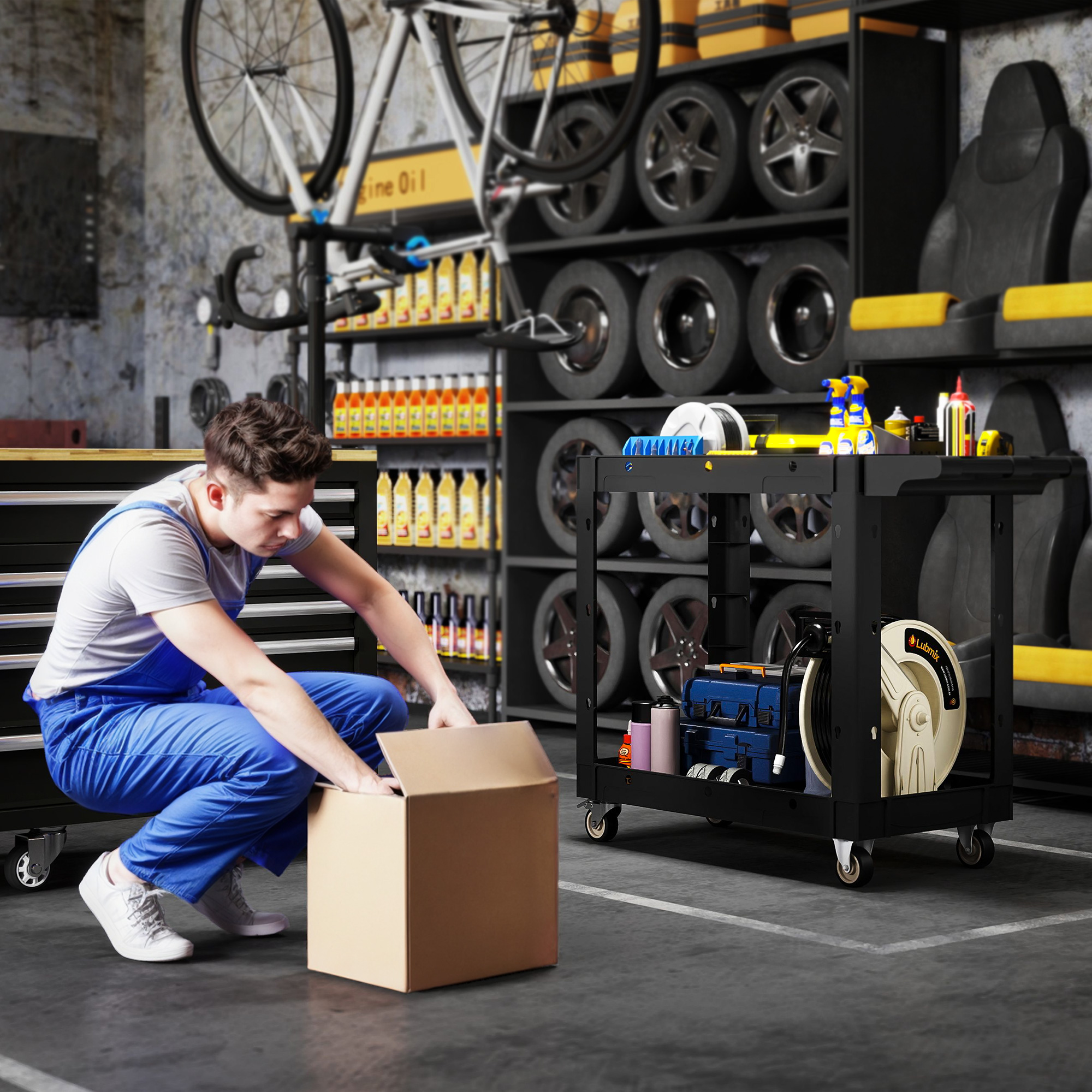 Werkzeugwagen, 2-stöckige Ablagen, Griff, Räder, Kunststoff, Schwarz