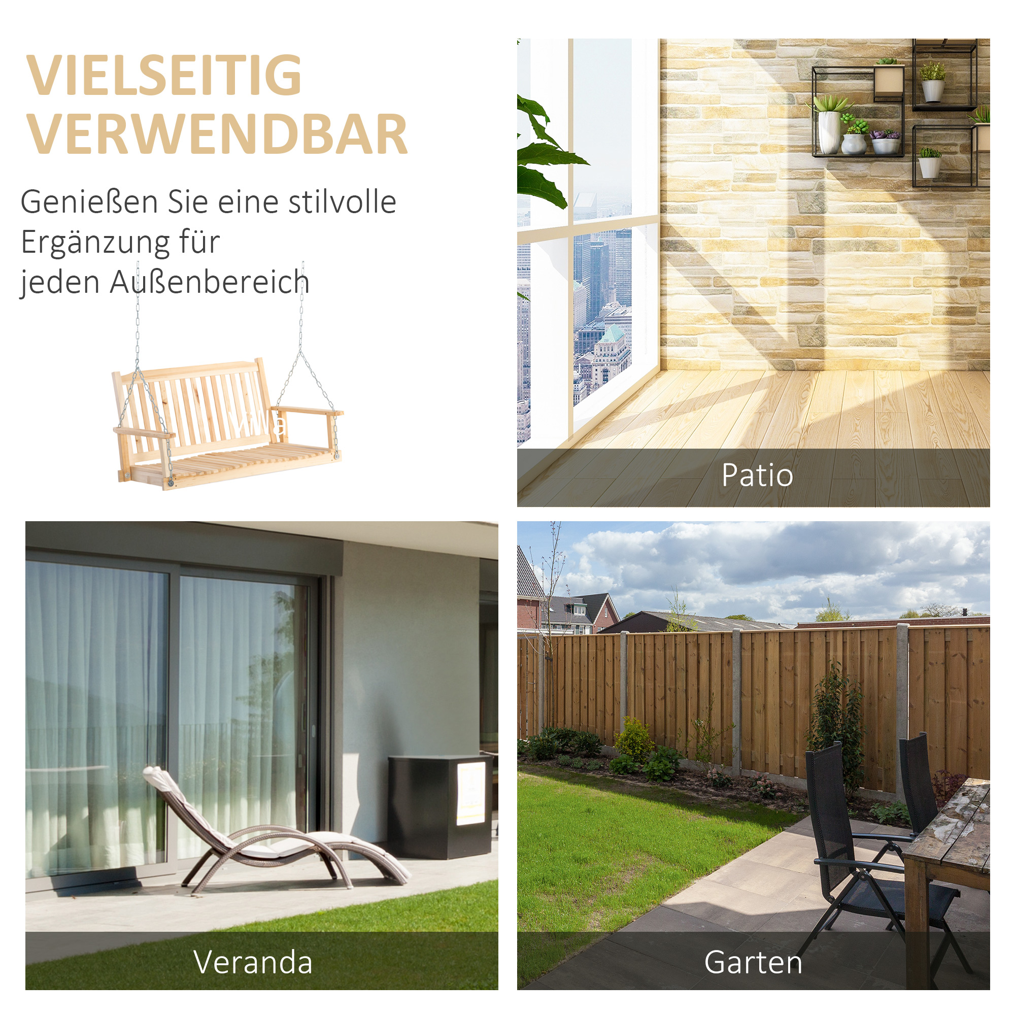 Gartenschaukel für 2 Personen Schaukelbank Hängebank Massivholz Patio Terrasse Hinterhof Natur 117 x 69 x 60 cm