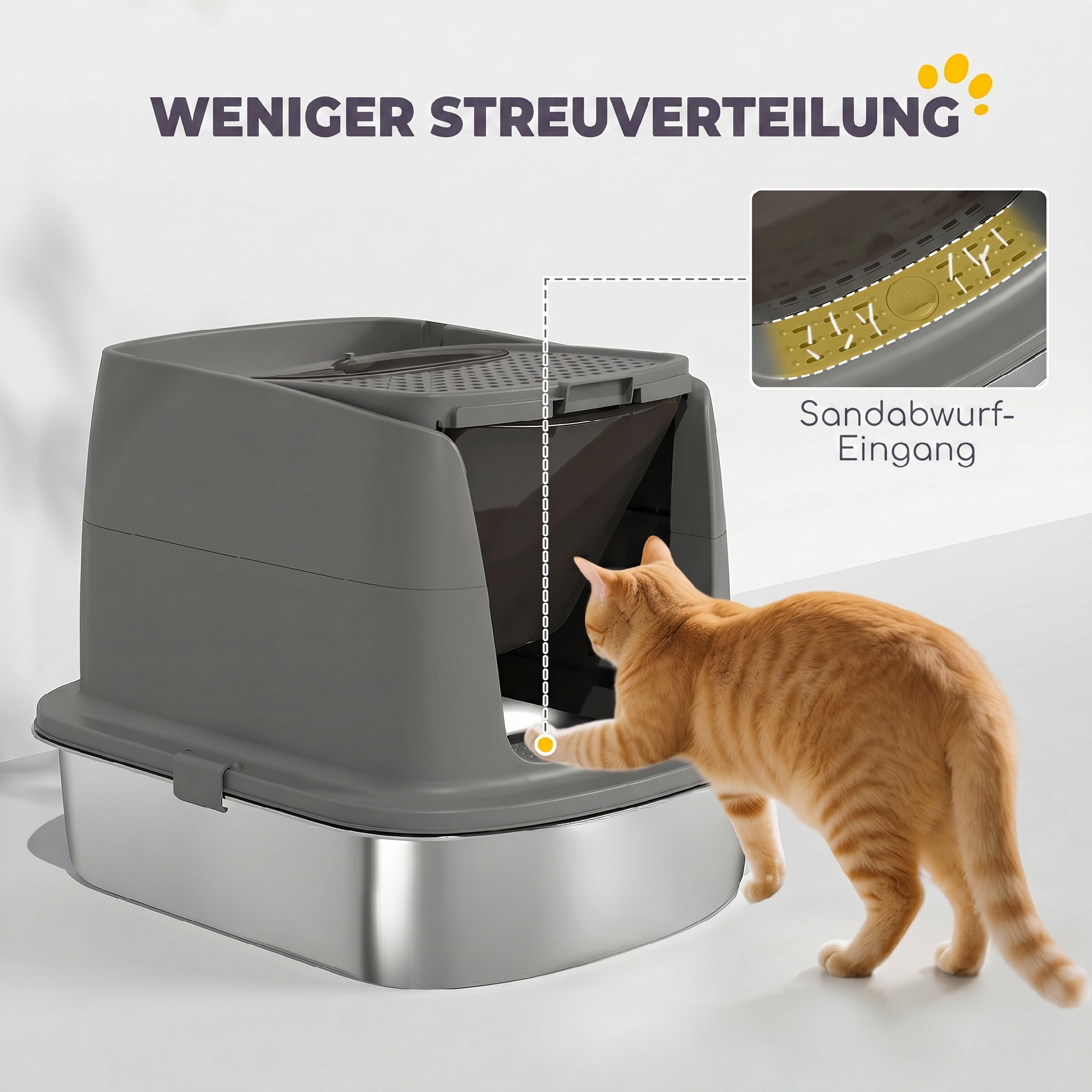 Katzentoilette aus Edelstahl, geschlossene Katzenstreuschale mit Metallschaufel und Deobeutel, dunkelgrau