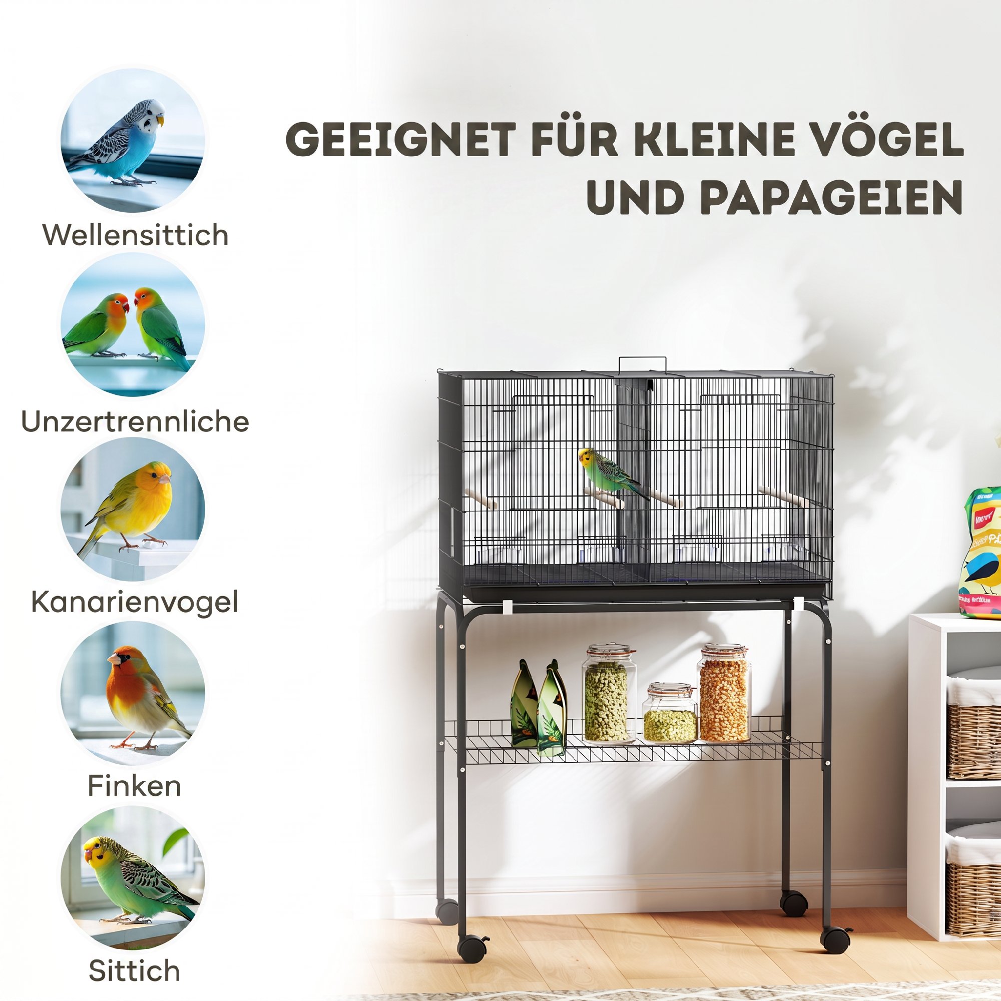 Vogelkäfig, Vogelvoliere mit Rollen, 2 Türen, 4 Sitzstangen, Ablagefach, Metall Vogelhaus 76x46x116cm, Schwarz